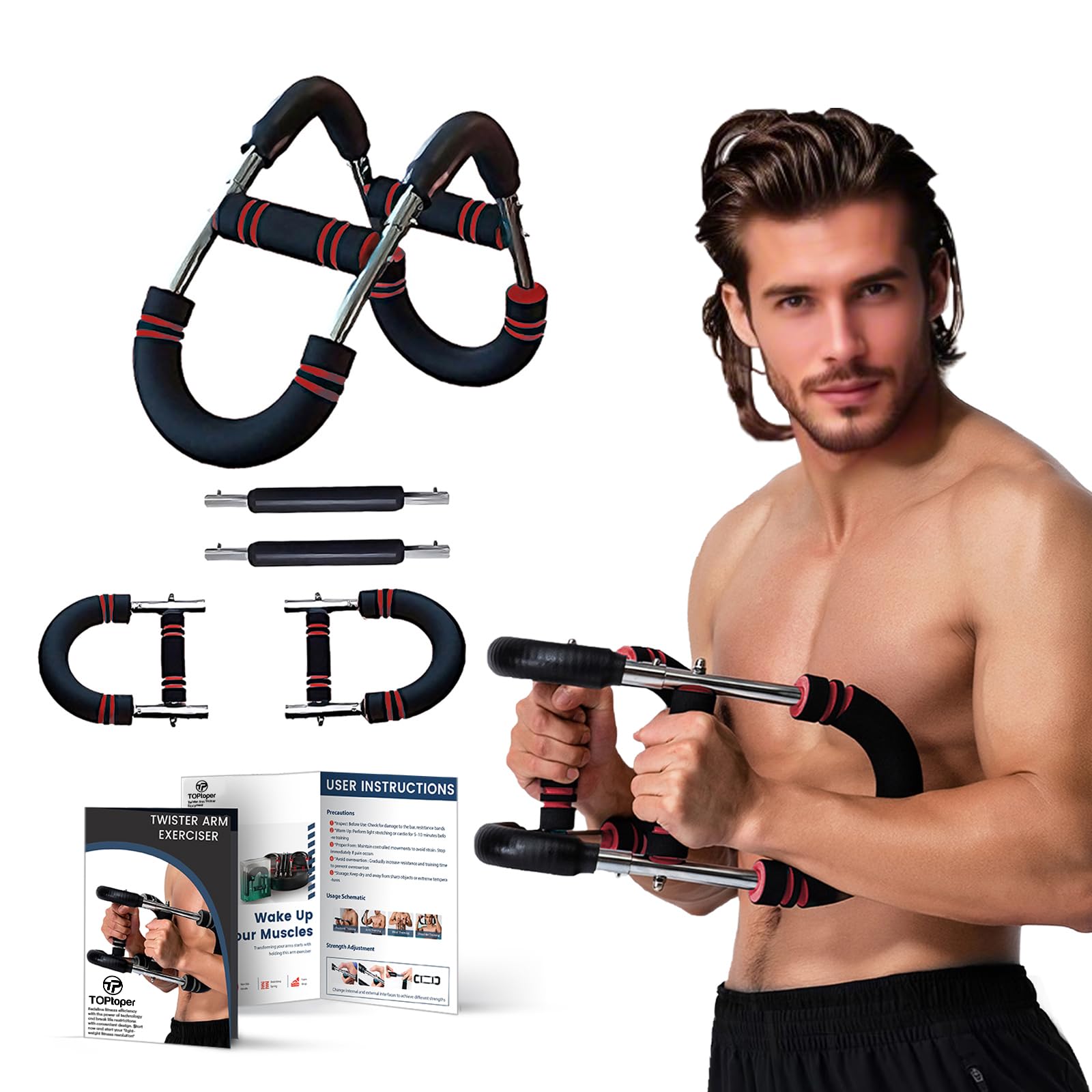 TOPtoper Twister Arm Trainer, Adjustable Chest Workout Equipment, Arm Trainer for Men, Arm Exercise Equipment, Chest Trainer for Men, Forearms Muscle Training Fitness Equipment (RED, 90-110lbs)