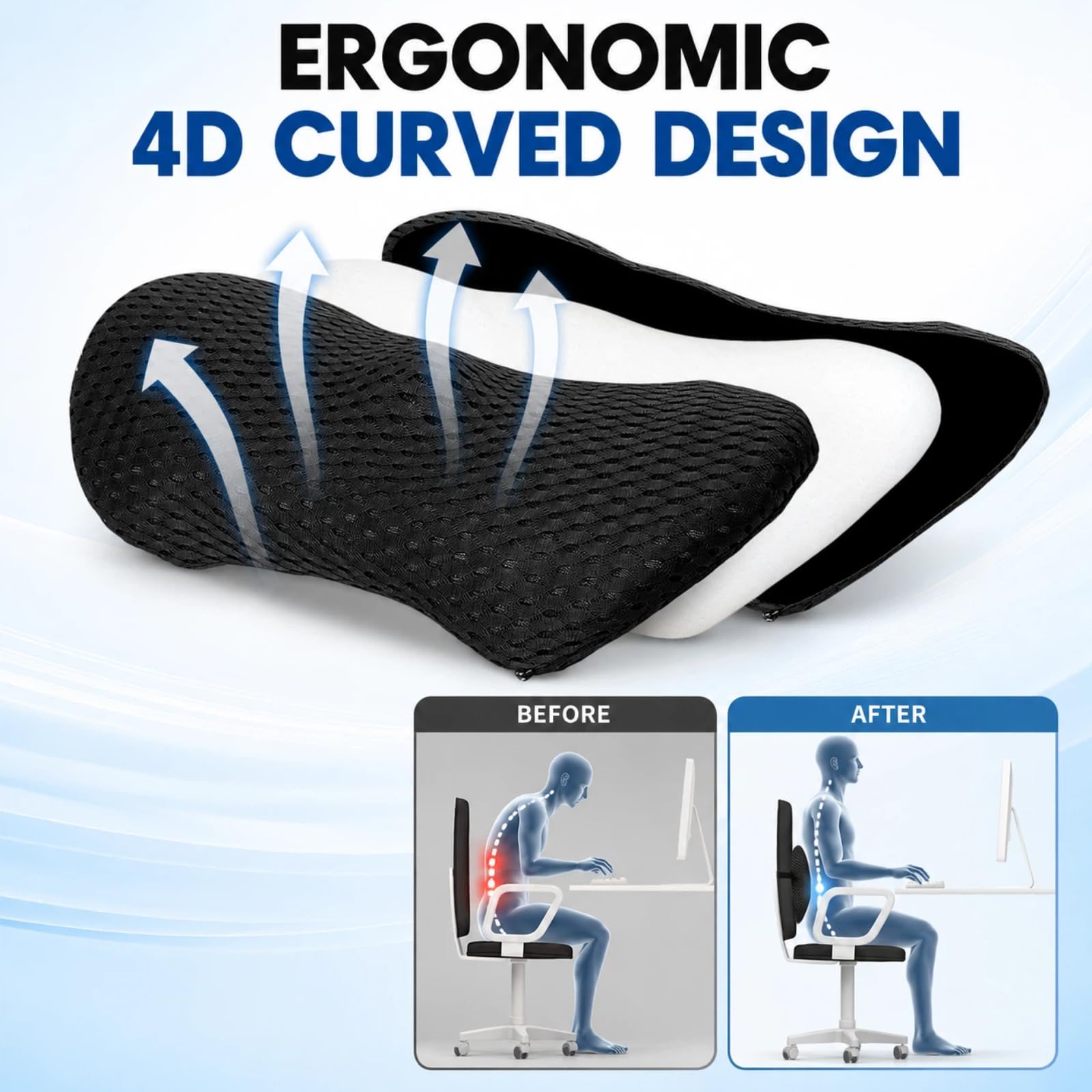 Cuscino Lombare in Memory Foam, Supporto Schiena Ergonomico per Sedia Ufficio e Auto, Design Ortopedico Traspirante Mesh 4D per Sollievo dal Dolore, Cinghia Regolabile