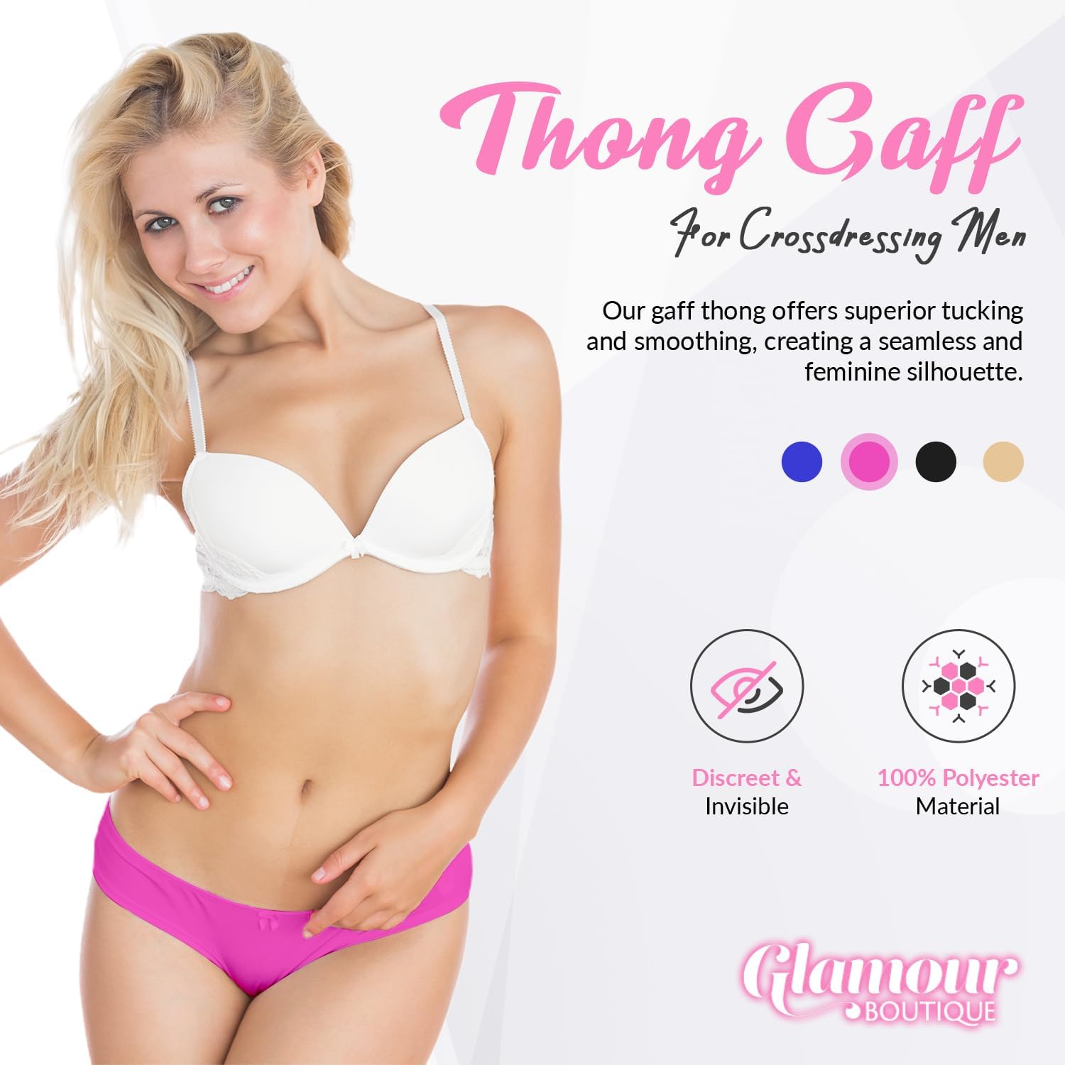 Glamour Boutique Low Profile Thong Gaff for Crossdressing Men/Transgender (Sizes XS-XL), Black, White, Pink, Purple, Beige