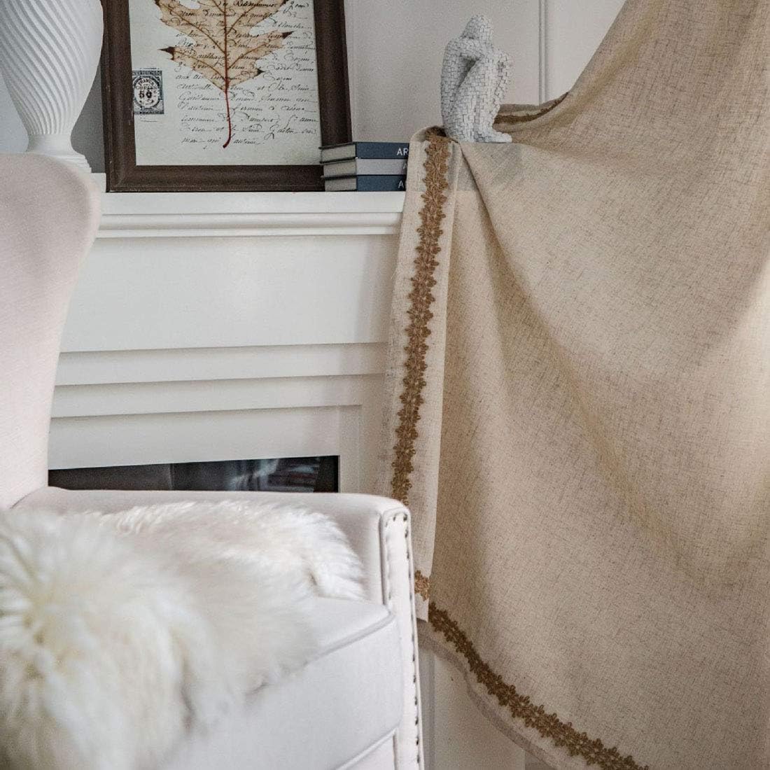 vctops Rustic Linen Textured Curtains with Floral Lace Trimmed Room Darkening Window Curtain Panel for Bedroom Living Room, 1 Piece (Beige,55"x102")