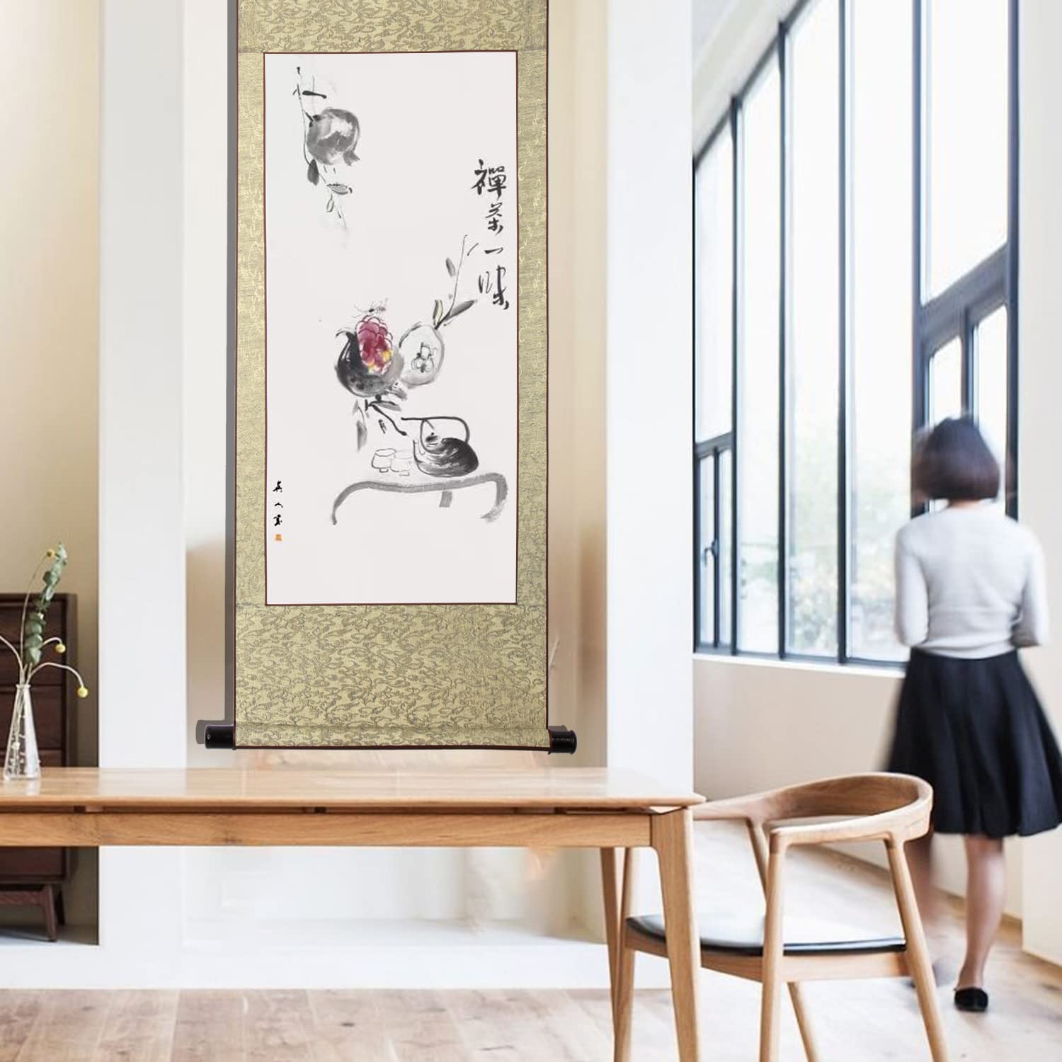 中国古美術・四尺蓮花掛軸・水墨画・八大山人印款・書道品・茶道