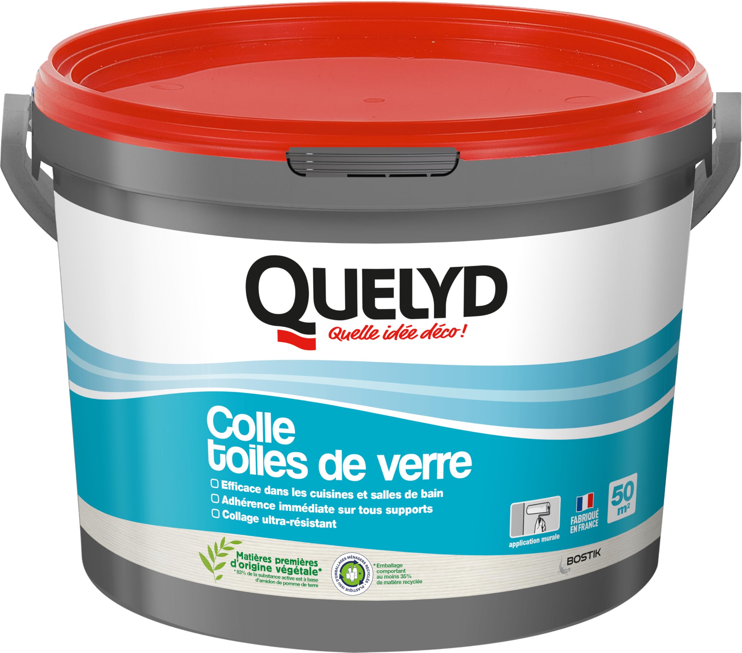 Quelyd Colle Toiles de Verre – Colle Fibres de Verre Prête à l'Emploi – Tous Supports Muraux – Toutes Pièces dont Cuisines et Salles de Bain – Sans Solvant – Pot de 10 kg (50m²)