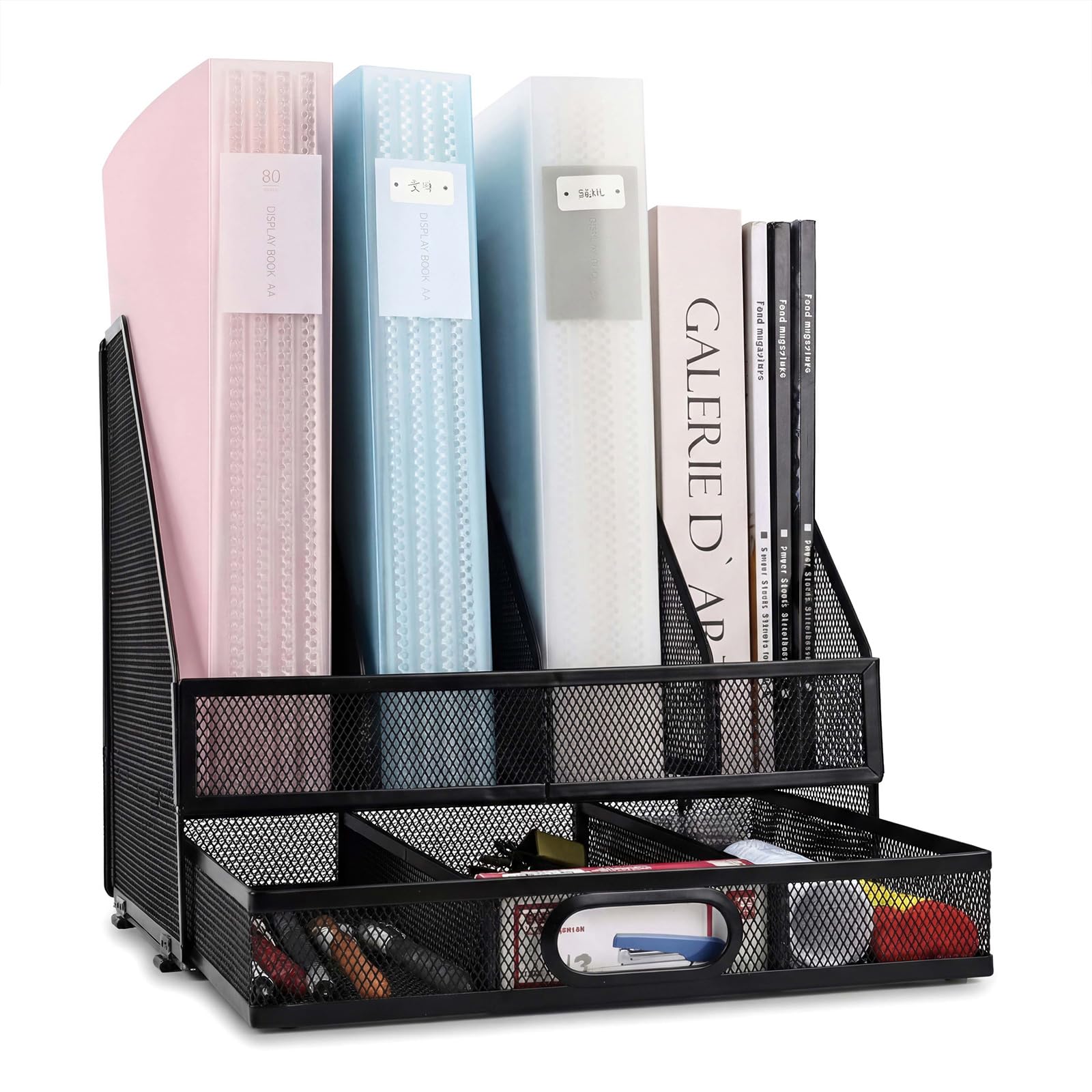 Rivosar Desk File Organiser with Drawer, 5-Slot Metal Magazine Holder