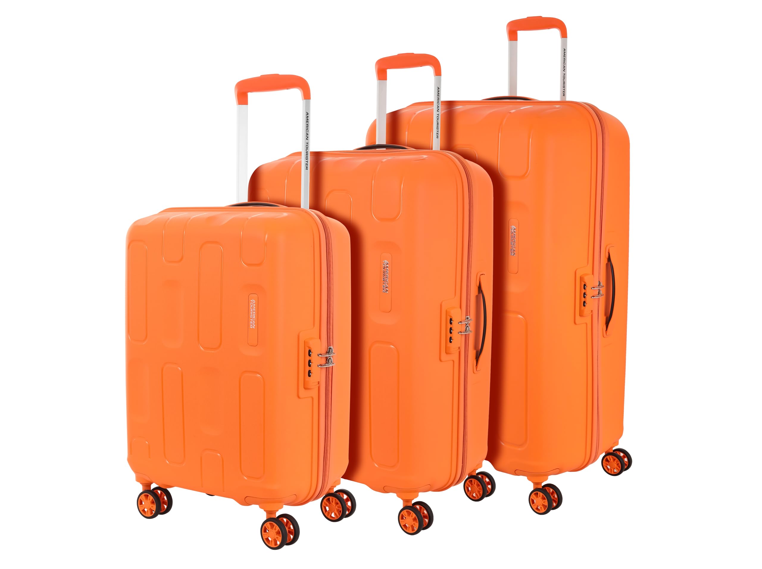 American Tourister 3PC PP Ivy 2.0-8 Wheel, Set (Small + Medium + Large) Hard Suitcase for Travel/Trolley Bag with Combination Lock & Smooth Sliding Double Wheel - Tan Orange, 55 Cm, 68 Cm, 79 Cm