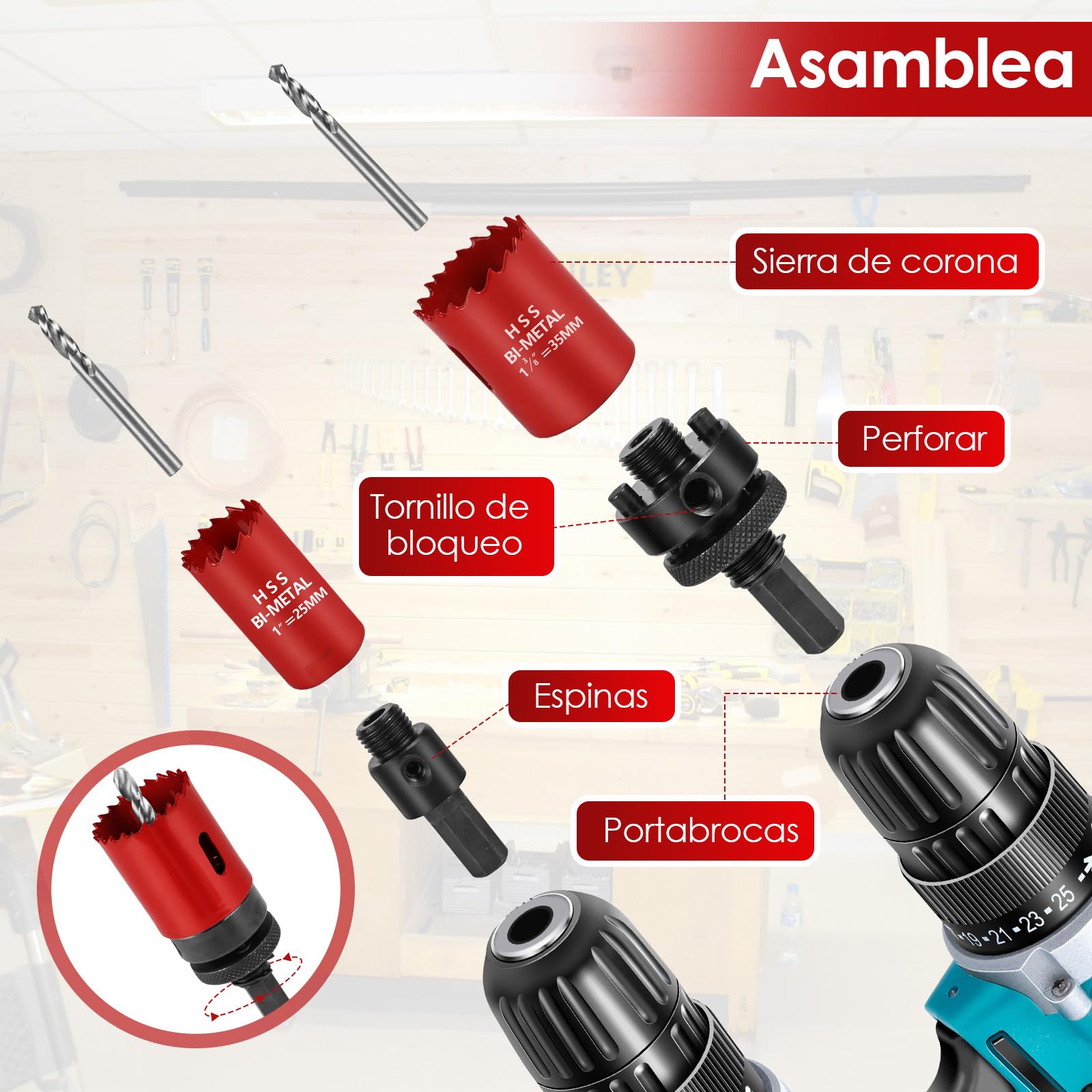 Juego de Coronas M42 Bimetal – Set de 19 piezas (19–68mm) con broca guía y soporte, profundidad de corte 40mm – Ideal para Madera, Pladur y Diamante