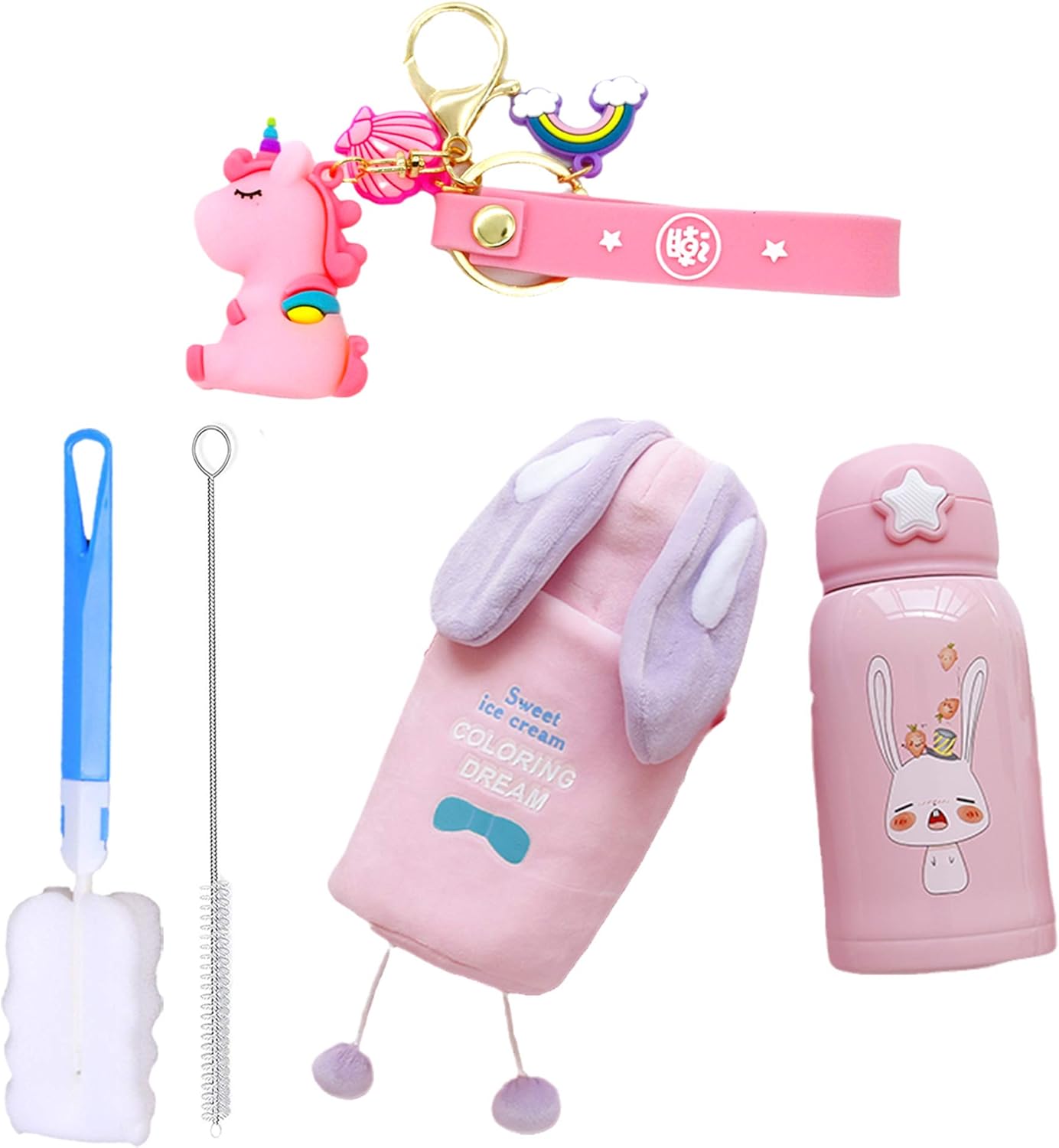 Pink Bunny Water Bottle With Strap Cartoon Cup with Straw Stainless Steel Cute Animal Double Wall Vacuum Birthday Gfit (pink bunny, 500ml)