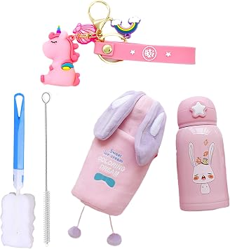 Pink Bunny Water Bottle With Strap Cartoon Cup with Straw Stainless Steel Cute Animal Double Wall Vacuum Birthday Gfit pink bunny, 500ml