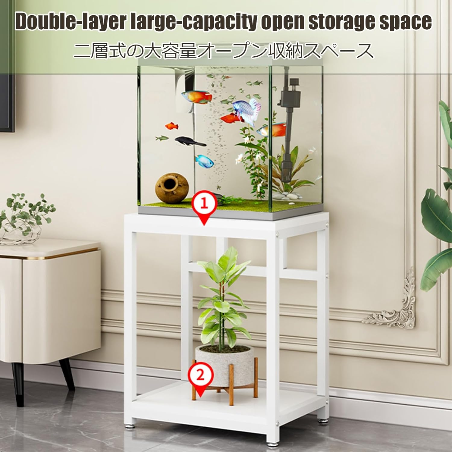 Aquarium Stand Metal Aquarium Stand Table Fish Tank Rack With Shelf 2-Tier Reptile Tank Rack Engineered Wood, Multi-Tiered Storage For Living Room, Home Office(White,50*40cm,Caster)