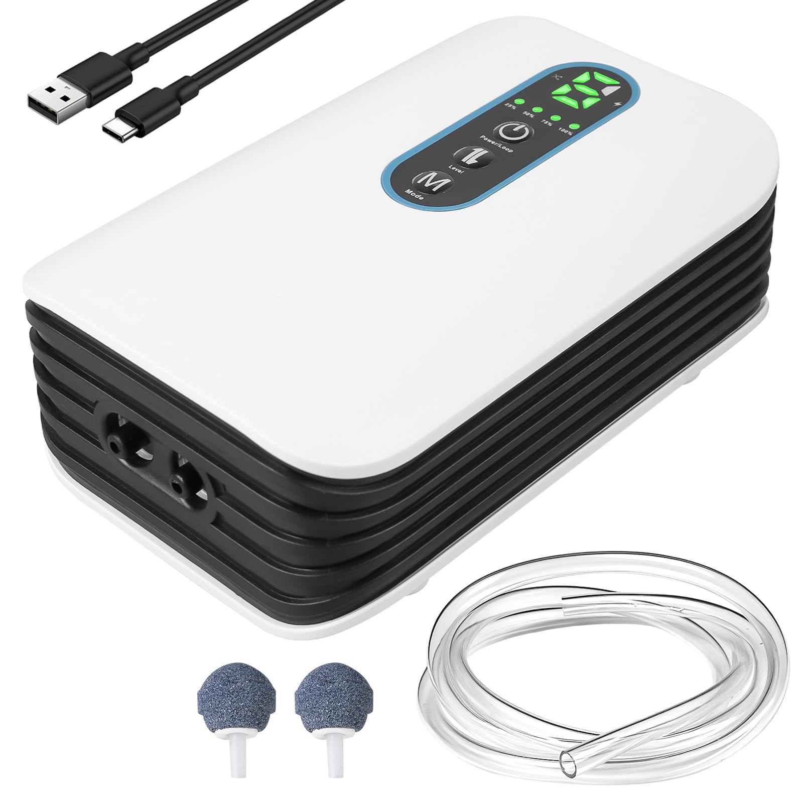 Pompe à air d'aquarium rechargeable 2600 mAh avec double sortie, 2 modes et débit 3 l/min, ultra silencieuse, pour la pêche, les pannes de courant, fonctionnement USB et batterie