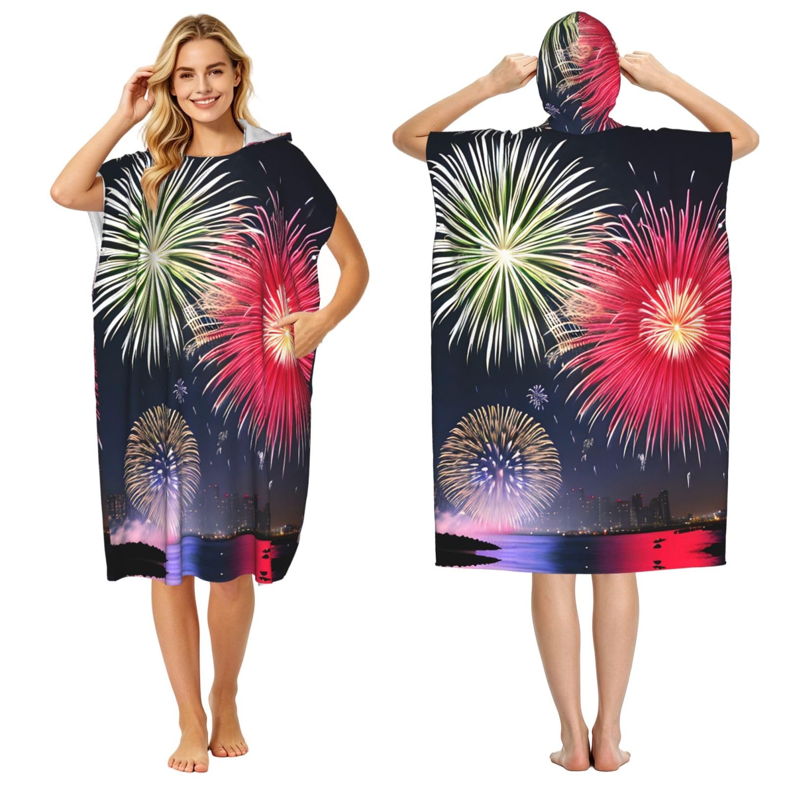 Zaixiansj 110cm Splendid fireworks Print Adult Changing Robe Hooded Towel Poncho Surf Swim Beach Cover Up with Pockets