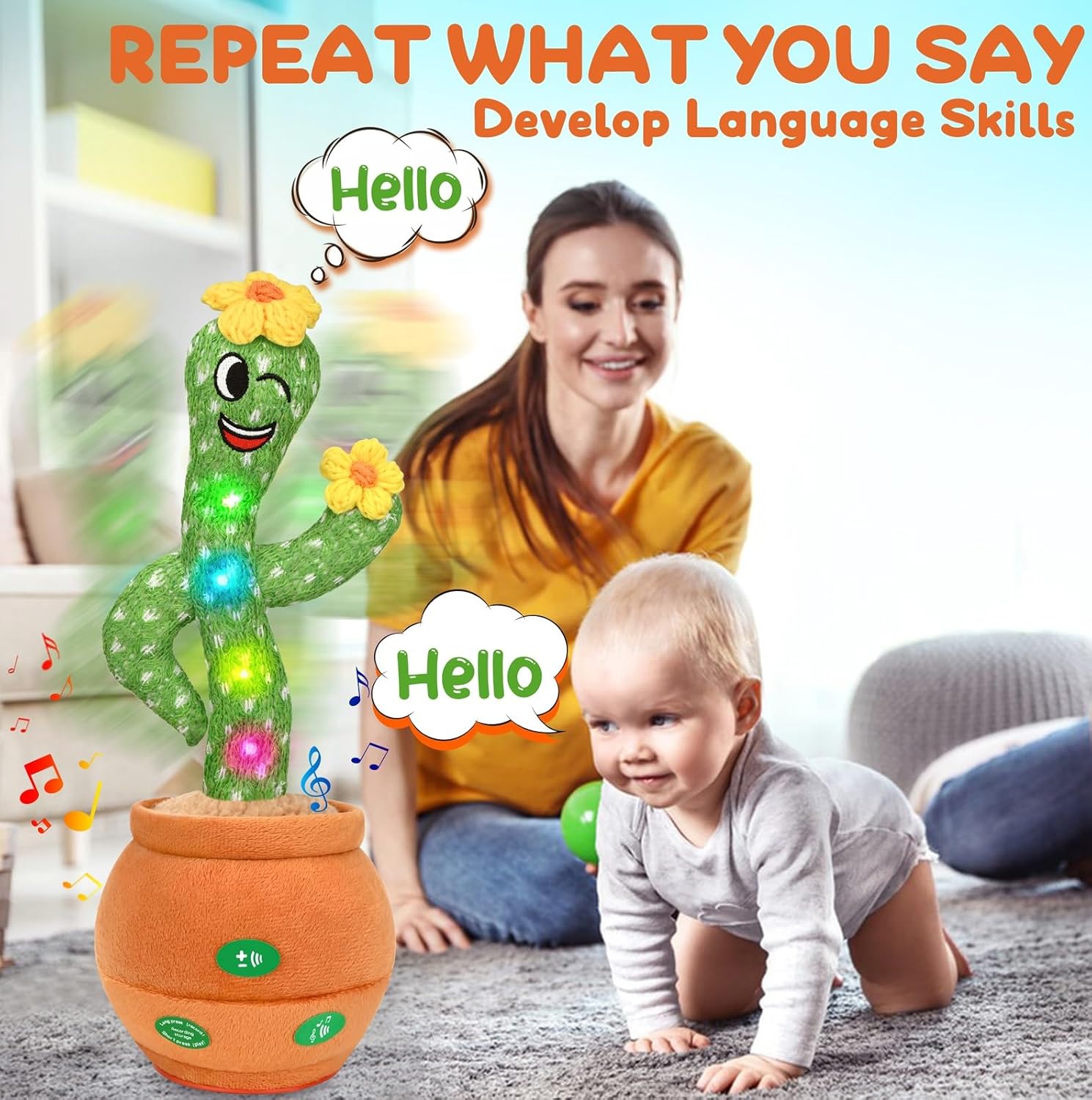 Baby Toys, Singing Talking Cactus Toy for 3-6 Year Old Toddler Boys Girls, Mimicking Repeat What You Say, Plush Cactus with Light Up Music and Amusing Songs, Funny Gag Gifts for Kids
