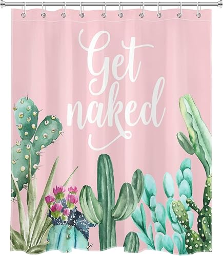 Vista 72 de LB Get Naked - Juego de cortinas de ducha de cactus con citas divertidas, plantas tropicales suculentas, verdes, acuarela, flores de cactus