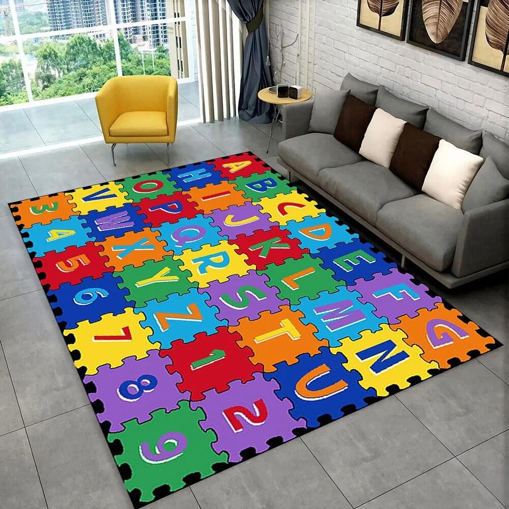 SMXVRC Colored Puzzle Area Rug for Bedroom, 180x300cm, Colorful ABC English Letters Indoor Carpet, Washable Foldable Printed Rugs, Easy Clean Low Pile Fade Resistant Carpets for Boy Girls Family