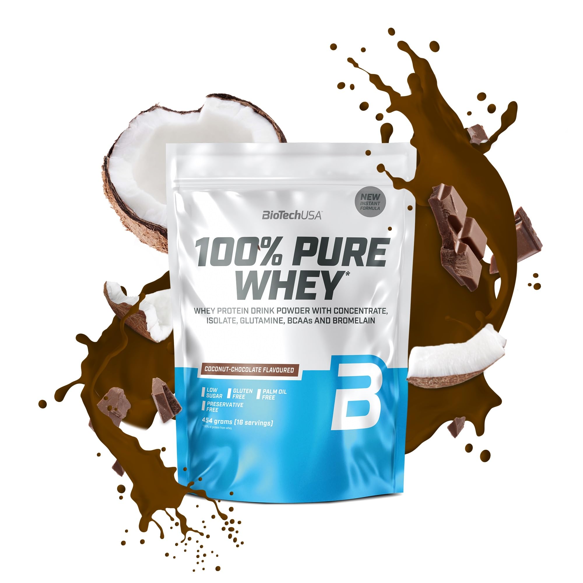 BioTechUSA100% Pure Whey | Protein Powder with BCAA and Glutamine | Gluten-Free, Palm Oil Free | 21g Protein per Serving, 454 g, Coconut-Chocolate