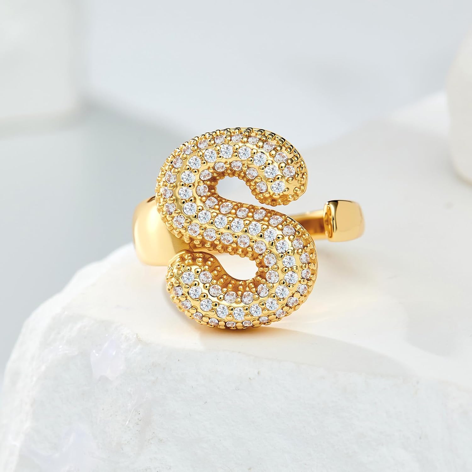 Cicy Bell Initial Rings for Women 14k Gold Plated Cubic Zirconia Delicate Letter Chunky Statement Open Rings Gifts for Her - Image 2