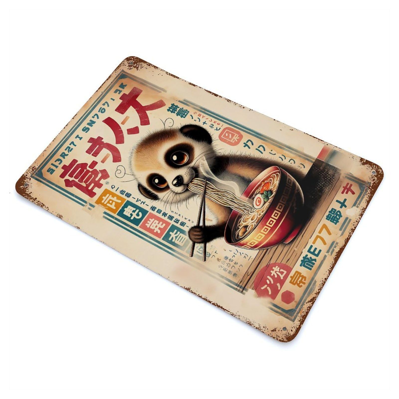 Meerkat Eating Ramen Japanese Style Rusty Metal Tin Sign 11.8"x7.9", for Patio, Garden Room And Bar Decor, Old School Wall Decor
