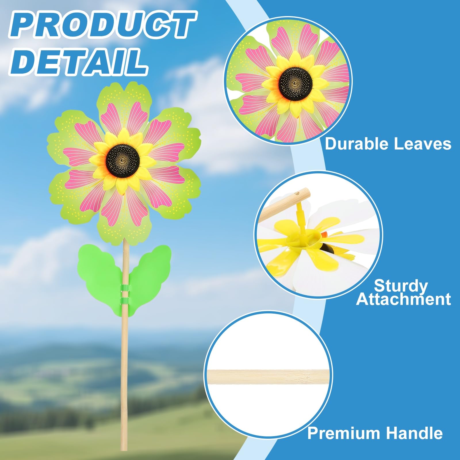 QUARKZMAN Molinillos De Viento 14.2" Petalos Girasol Molinillos De Viento 6 Hojas Molino De Viento De Madera con Palos De Madera De Girasol para Jardin Patio Cesped Decoracion Verde/Rosa