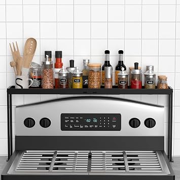 BOIVSHI Stove Top Shelf, Kitchen Over Shelf for Stove, Stove Spice Rack for Top, Adjustable 27-33inch, Fits Various Stove Lengths, Kitchen Spice Organizer, Condiments and BBQ Sauces, Black