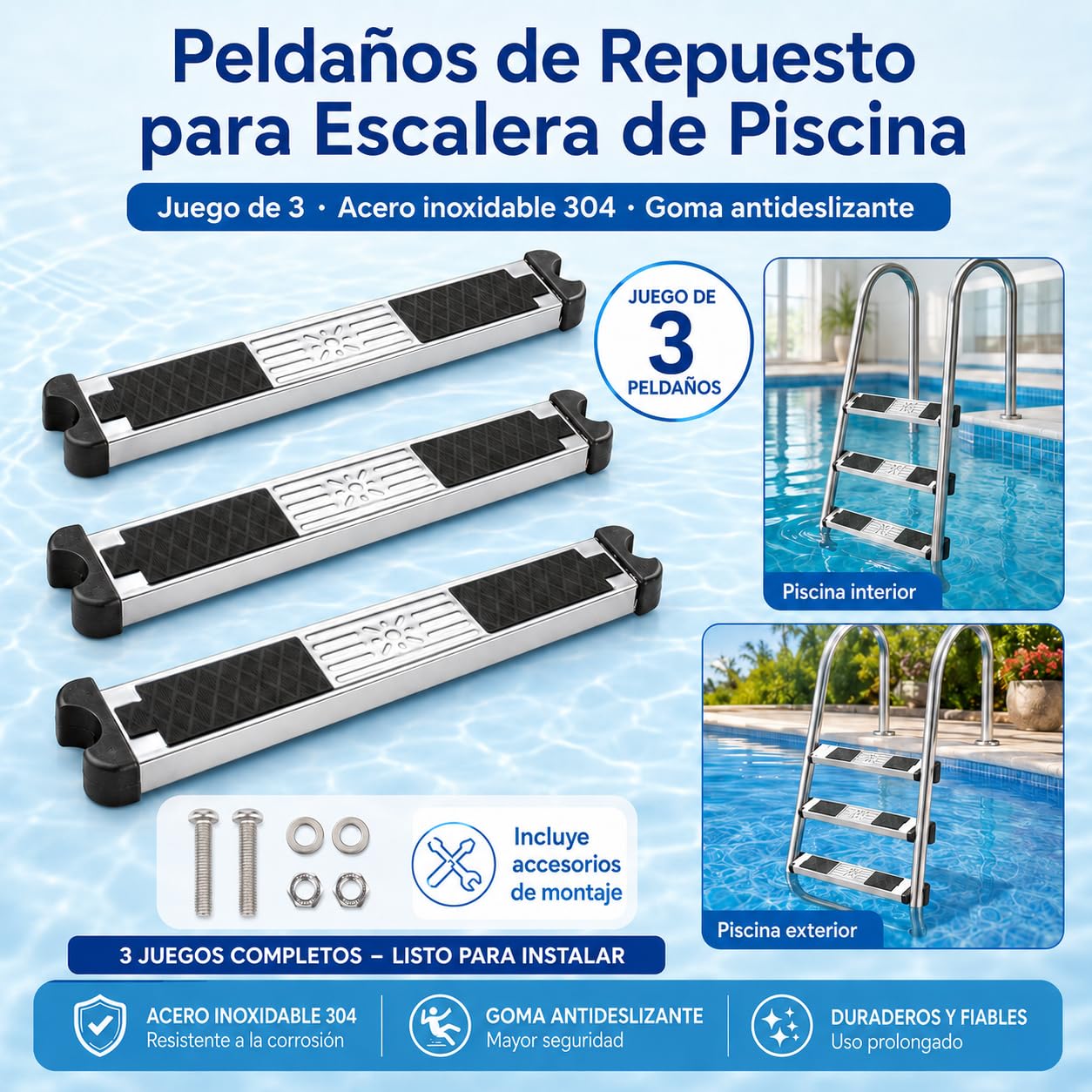 Pack de 3 Peldaños de Recambio para Escalera de Piscina