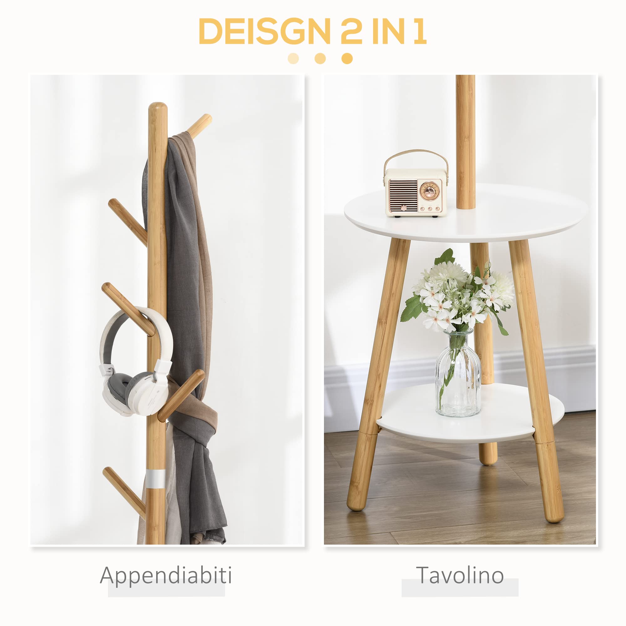 HOMCOM Appendiabiti da Terra per Ingresso 39.5x39.5x171 cm Legno e Bianco | MDF e Alluminio, 5 Ganci in Bambù, Tavolino Rotondo da Caffè