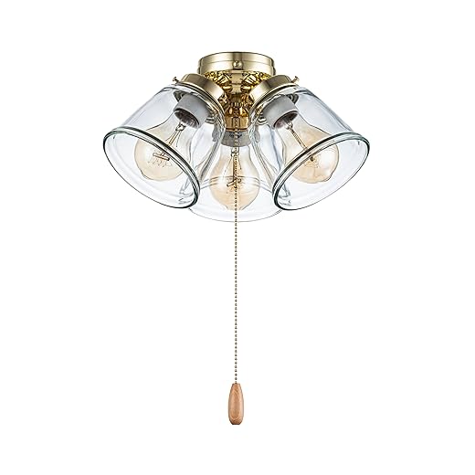 Aspen Creative 22015-1, Three-Light Ceiling Fan Light Kit with Pull Chain, Polished Brass Finish with Clear Glass Shades, 13-1/8" Diameter x 6-3/4" Height