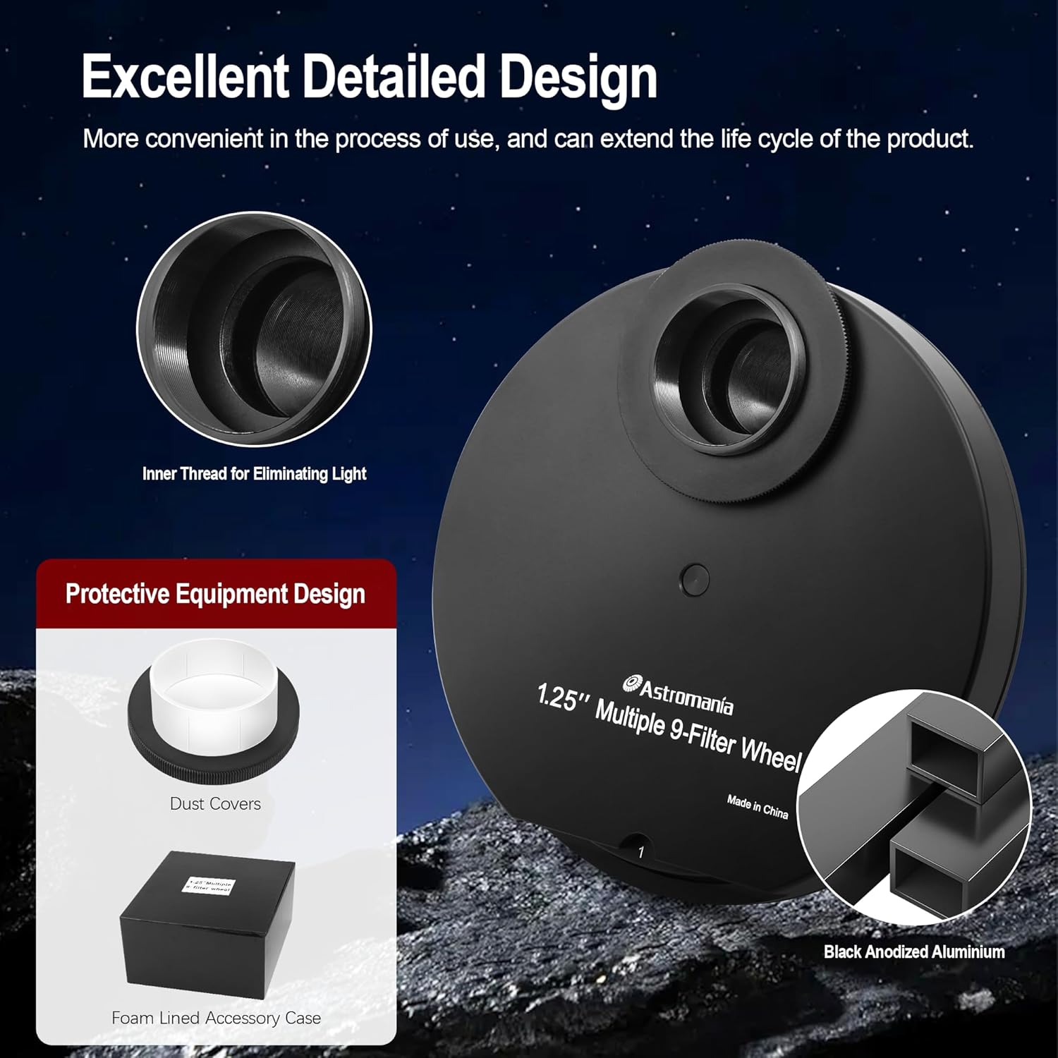 Astromania Telescope Filter Drawer, Multiple 9-Position Filter Wheel Holder for Telescope with T-Adapter, Telescope Accessories Compatible with 1.25 Inch Filters for Planetary Moon Nebula Observation