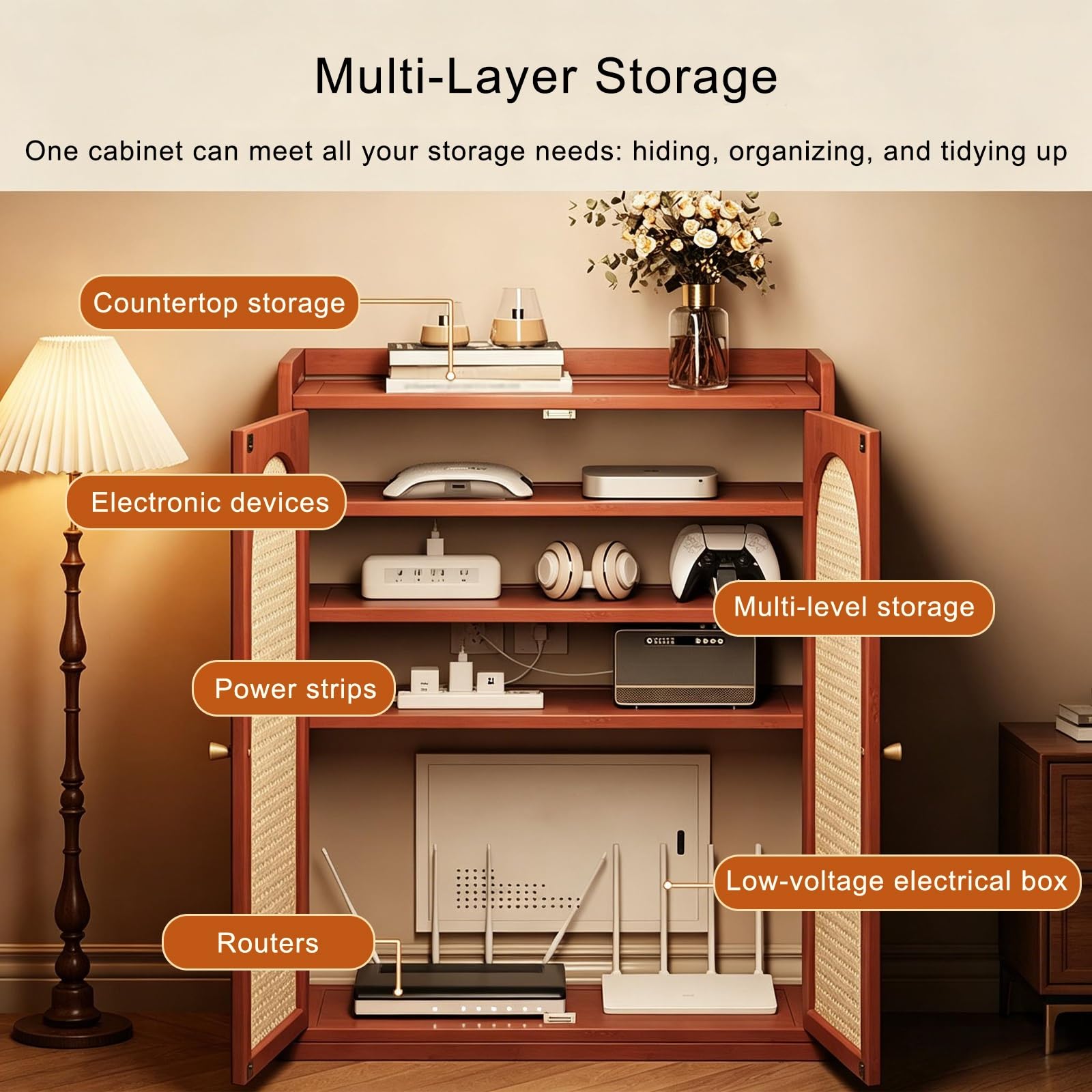Armoire de Rangement pour Routeur WiFi, Meuble Modem & Boîte Multimédia au Sol avec Portes Ventilées, Gestion des Câbles pour Salon Bureau(White,97 * 59cm/38.2 * 23.2in)