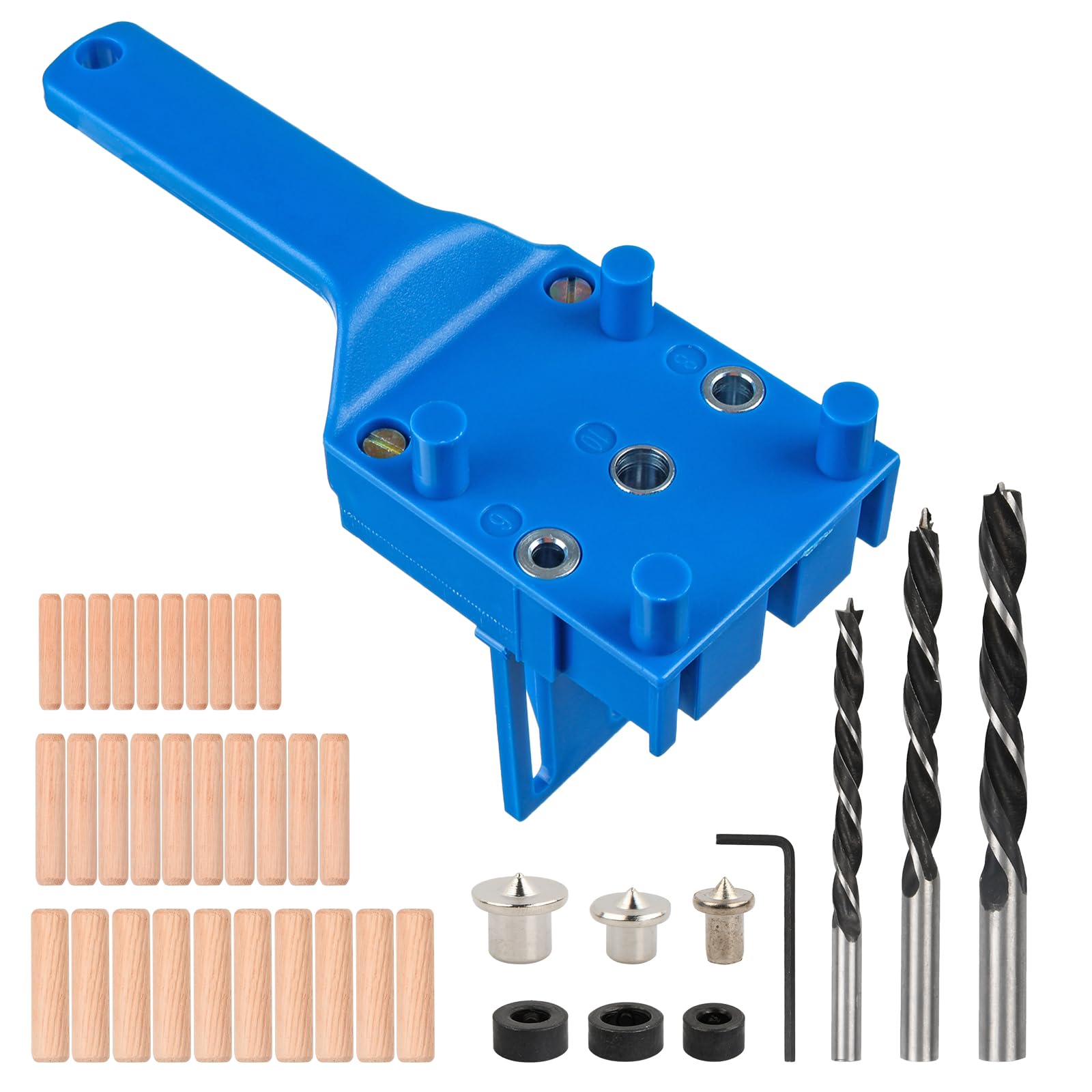 41 Piezas Kit de Plantilla de Taco de Carpintería, 6/8/10 mm Herramienta de Sierra Perforadora de Madera de Mano, Herramientas para Madera para Taladrar Tacos de Madera, Azul
