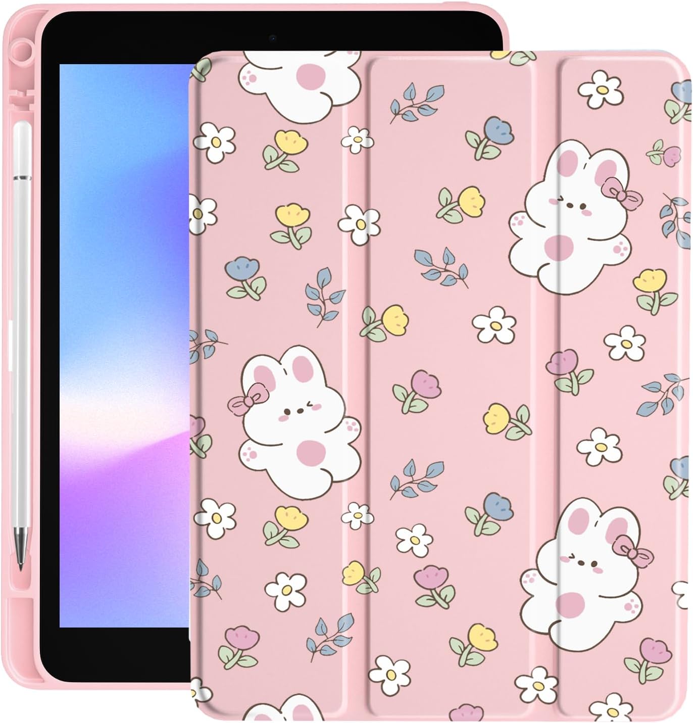 Cute Bunny Flower for iPad Pro 10.5 Inch 2017 Air 3 Case with Pencil Holder, Foldable Pink Leather Cover Case, Support Auto Sleep Wake