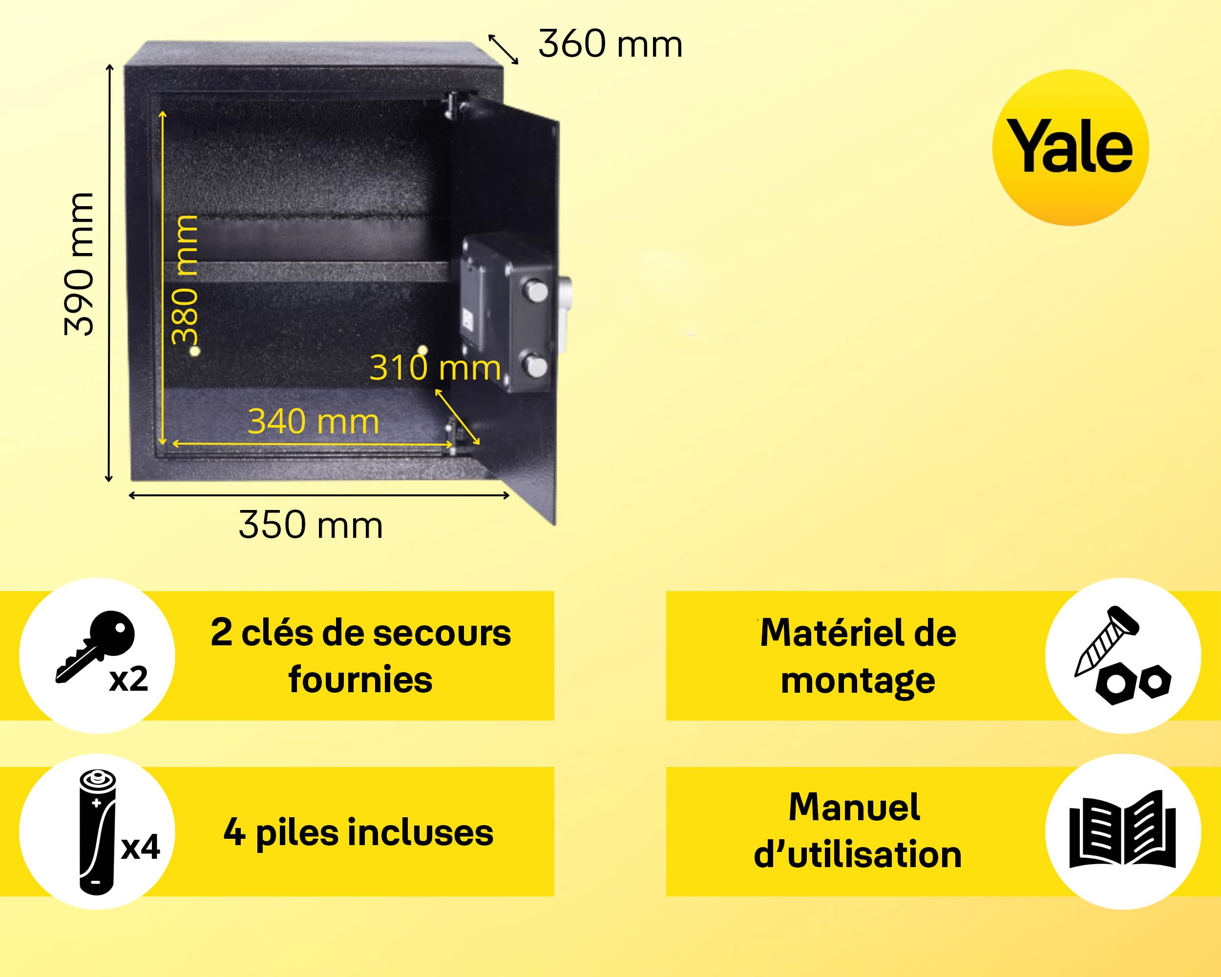 Yale Coffre-fort Électronique - Large 40L - Serrure 100 000 combinaisons, verrou électronique code 3 à 8 chiffres - dimensions 39x35x36cm YSV/390/DB2