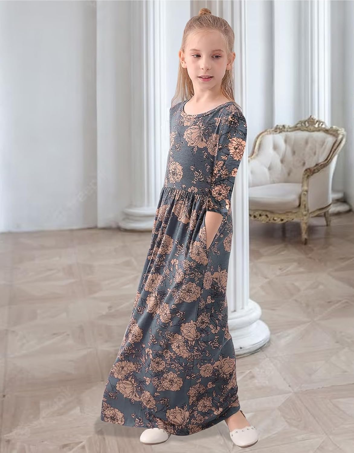 21KIDS Girls Maxi Dress Floral 3/4 Long Sleeve Dresses with Pockets for Girls 6-12 Years - Image 4