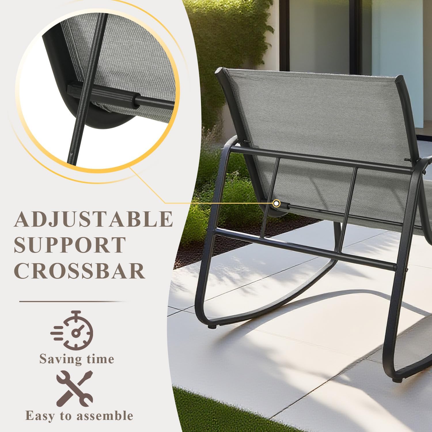 4-Piece Patio Furniture Set, Outdoor Textilene Conversation Set with Rocking Chairs & Loveseat, with Coffee Table for Garden, Balcony, Poolside（Khaki）