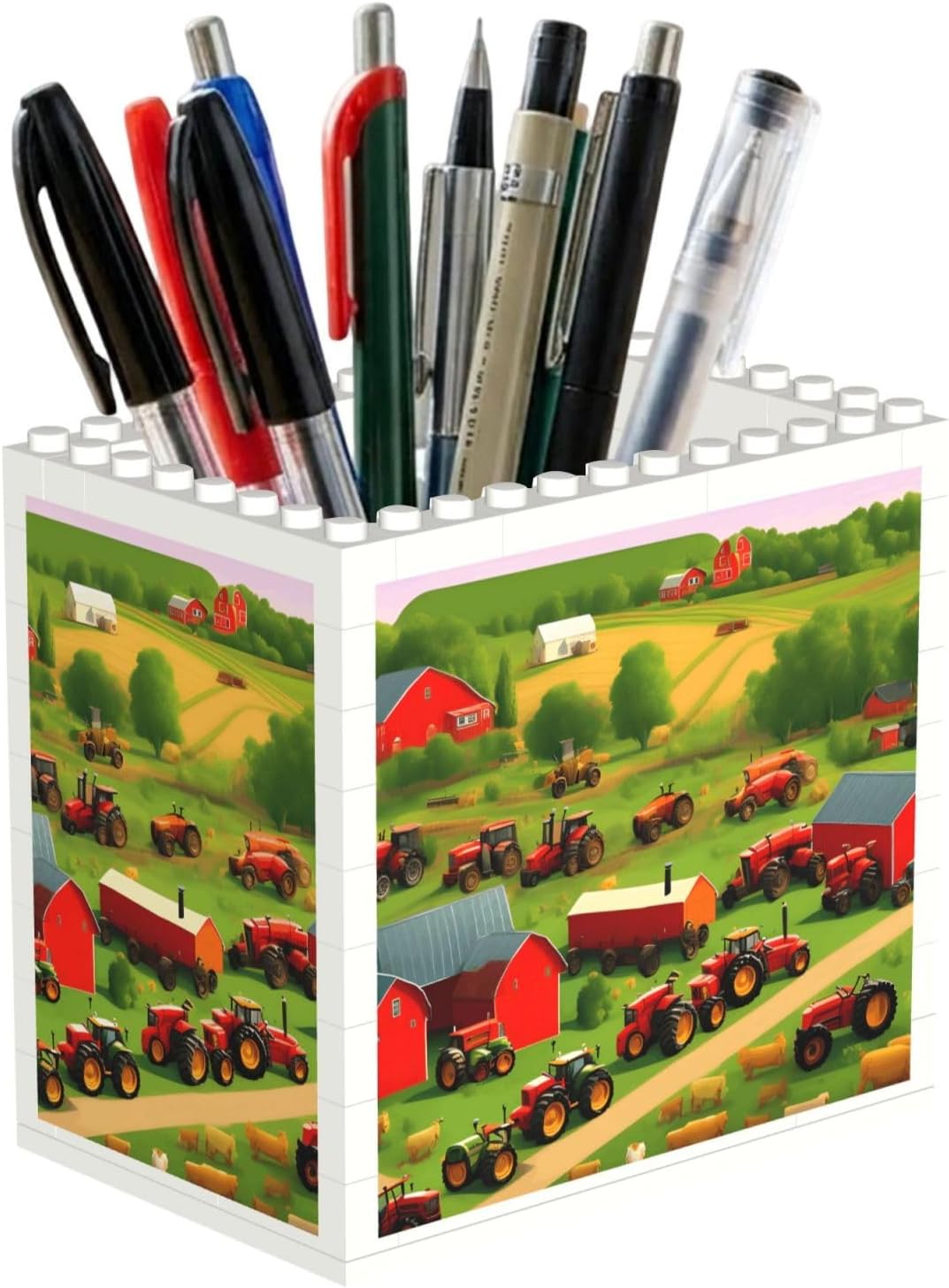 Tractor Farm Print Uv Print Block Pencil Cup, Detachable Creative Block Desk Organizer Office Abs Pen Holder