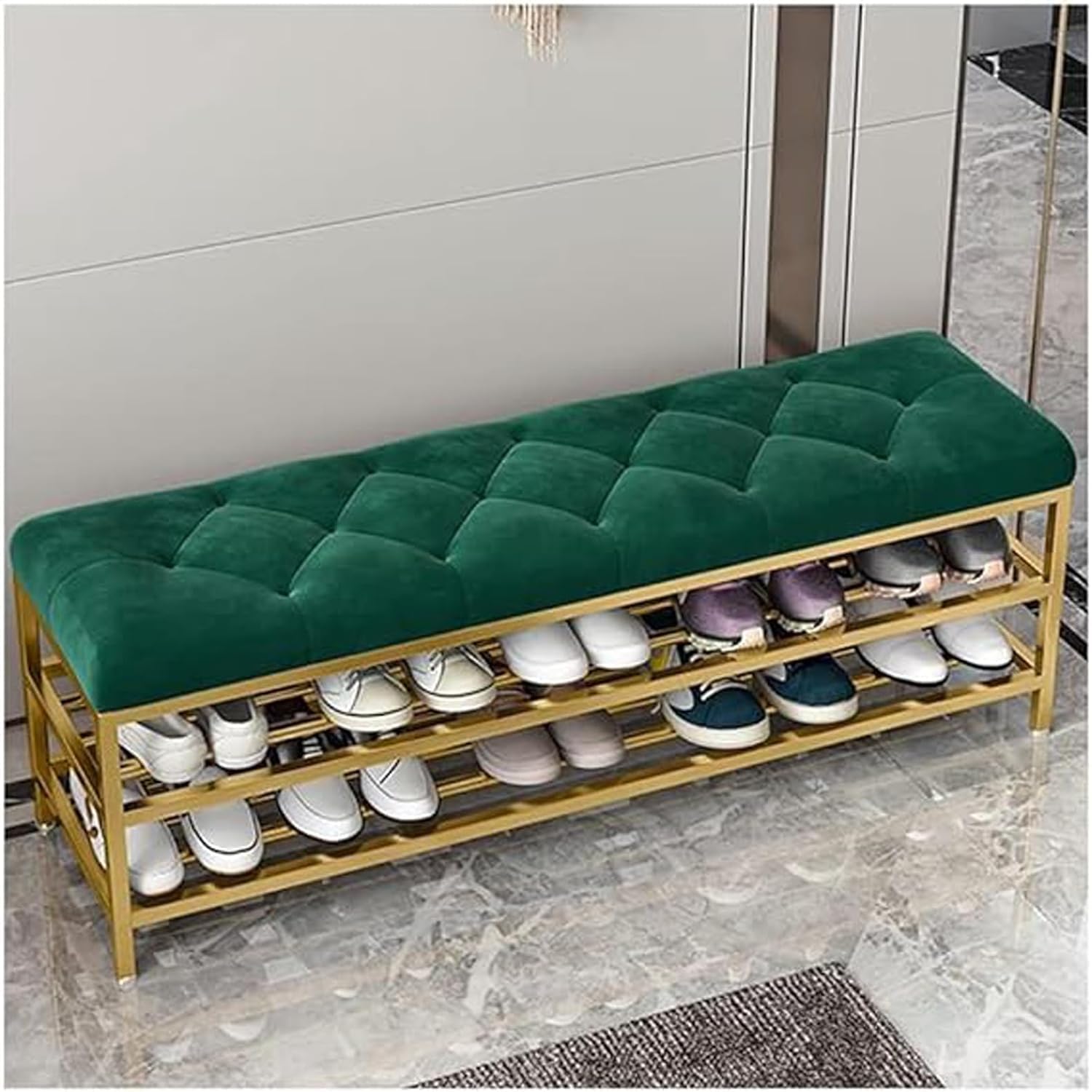 Metal Shoe Rack Bench Organizer with Mesh Seat for Bedroom Entry Window Mudroom Living Room, 2-Tier Fleece Bench Bench for Entryway (Green Gold)