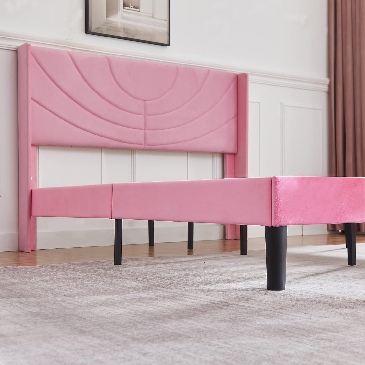 VECELO Upholstered Platform Queen Bed Frame with Fabric Headboard,Wooden Slats Support/No Box Spring Needed/Mattress Foundation,Pink