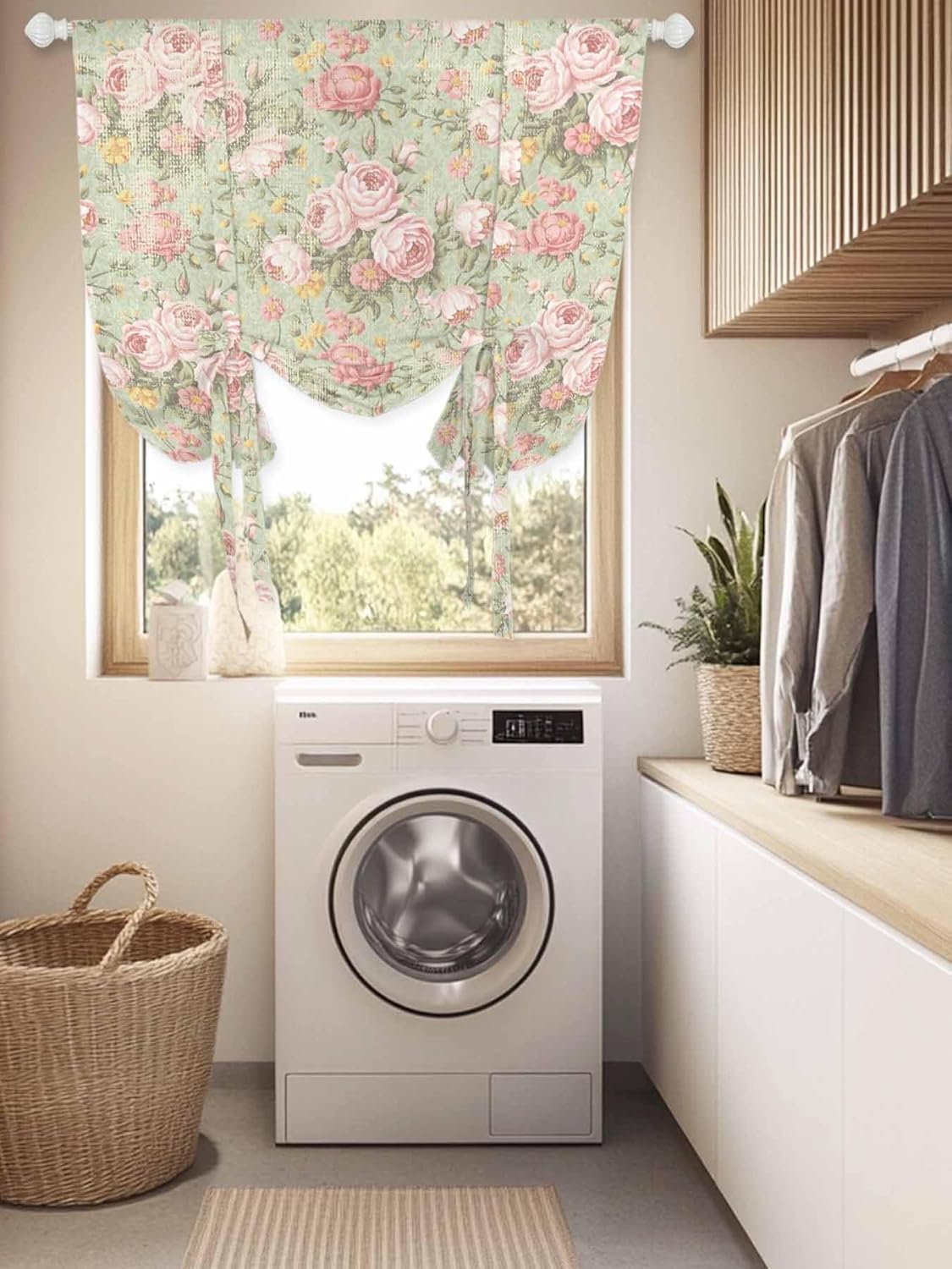 Spring Flower Tie Up Curtains for Window, Thermal Insulted Balloon Shade Adjustable Rod Pocket Curtains Valance Panels for Kitchen Bathroom Café 42 x 45 Botanical Leaves Morden Rustic Garden Herbs