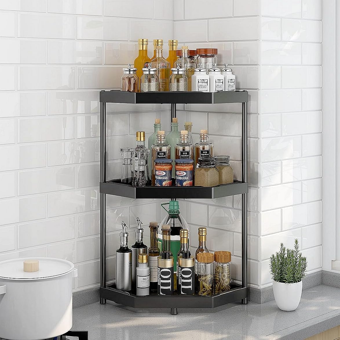 Kitchen Worktop Flavourings Corner Shelf Spice Rack Kitchen Accessories Carbon Steel Spice Rack Triangle Iron Nathroom Corner Desktop Organiser (3 Tiers (M))