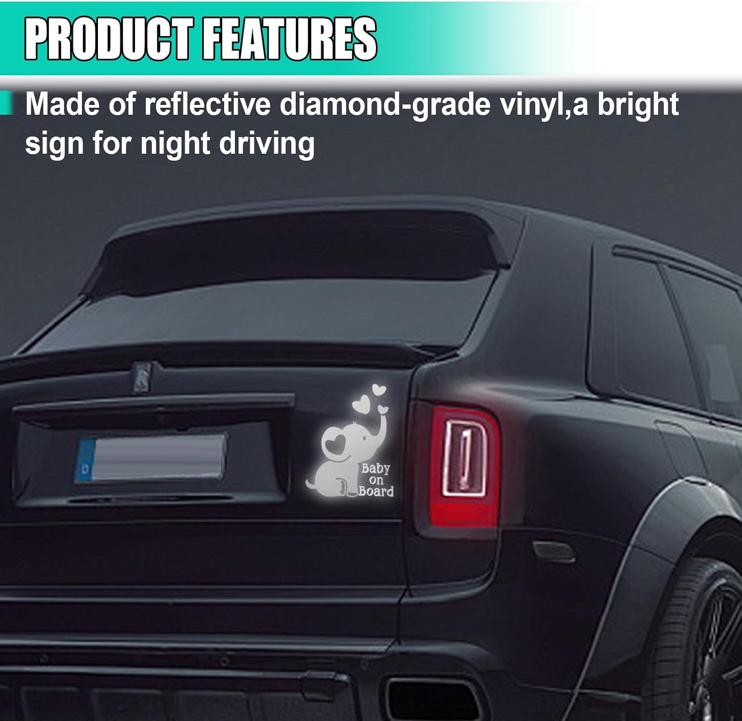 Baby on Board Elephant Car Sticker Decal, Cute Reflective Vinyl Auto Safety Warning Signs Decals Decoration, Waterproof Cars Stickers Accessories for Bumper Laptop Wall (Silver)