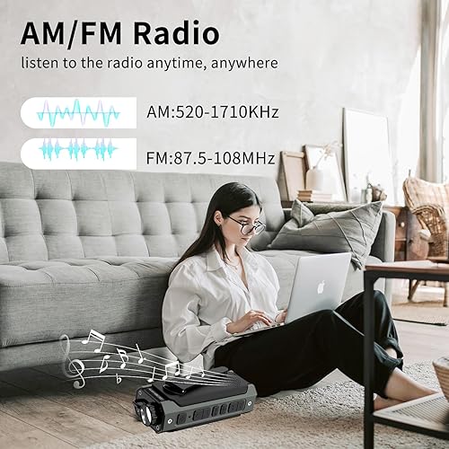 Miniatura 6 de Radio meteorológica NOAAAMFM con linterna, radio solar de manivela, carga USB tipo C, cargador de teléfono celular, alarma SOS, brújula para