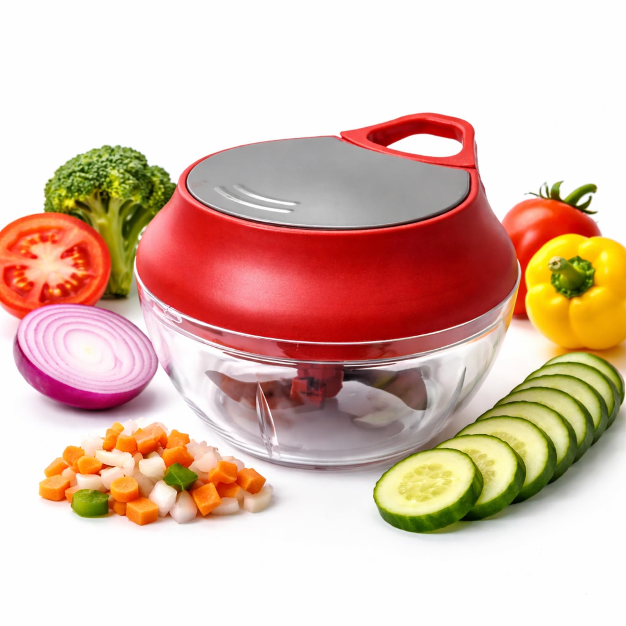 Manual Food Chopper 900ml Pull String Vegetable Cutter, Hand Food Processor for Onion Garlic Fruits Nuts, Portable Kitchen Tool (RED)
