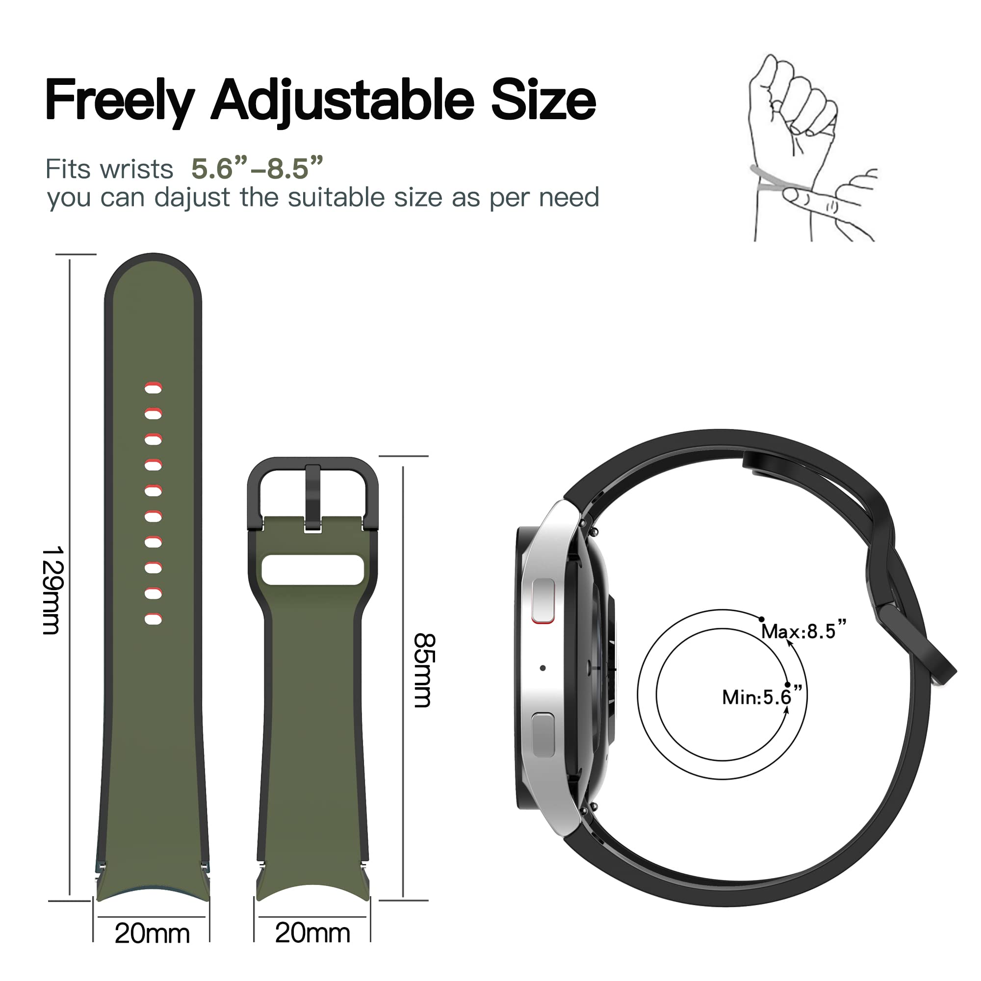 Bracelet de rechange réglable en silicone avec 10 couleurs compatibles avec Samsung Galaxy Watch 5 40 mm/44 mm, Galaxy Watch 5 Pro 45 mm pour homme et femme