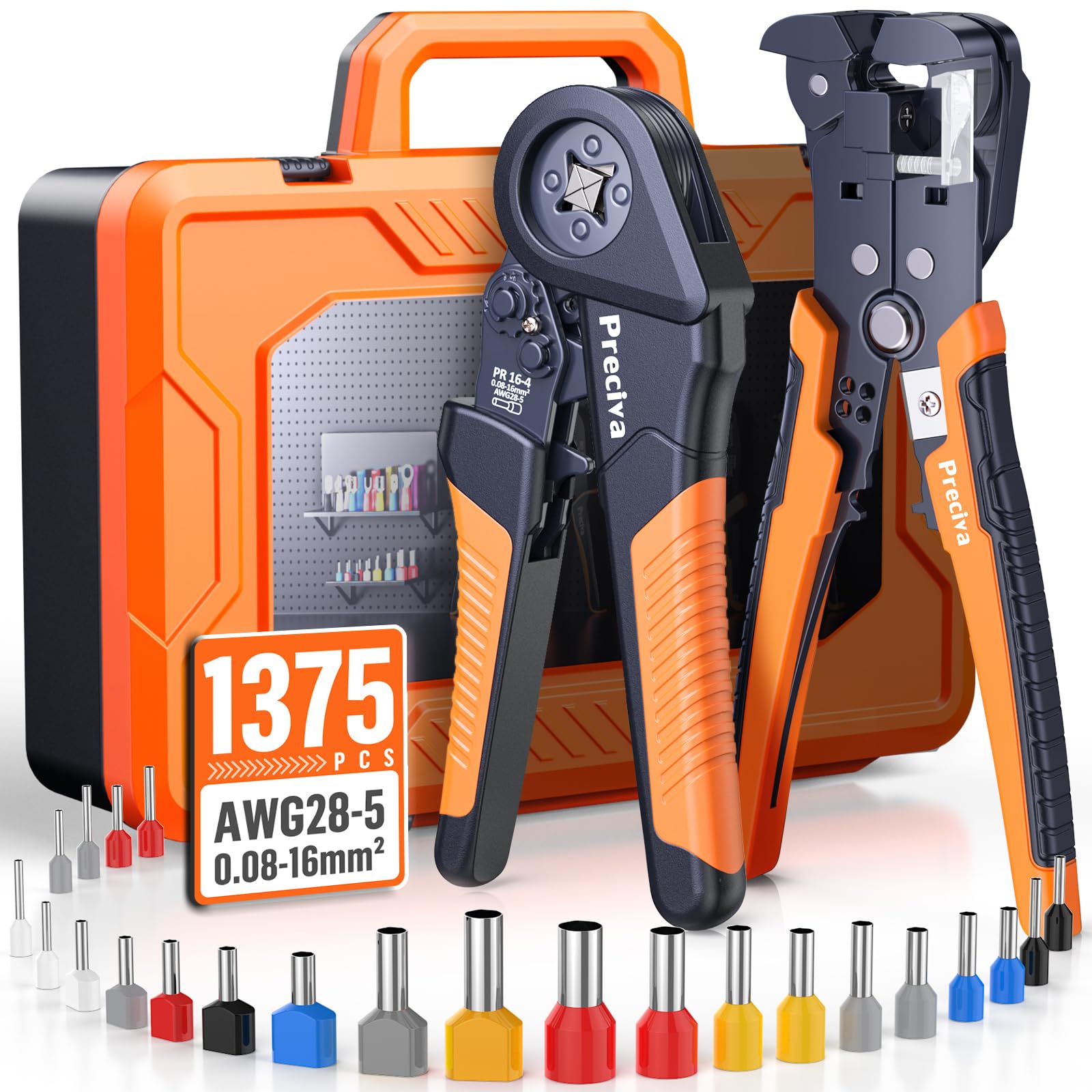 Preciva Quadrilateral Ratchet Crimping Tool Set with Wire Stripper & 1375pcs Terminals – 0.08‑16mm² (AWG28‑5) | Insulated & Non‑Insulated Cable Connectors | Portable Toolbox for Electrical Work