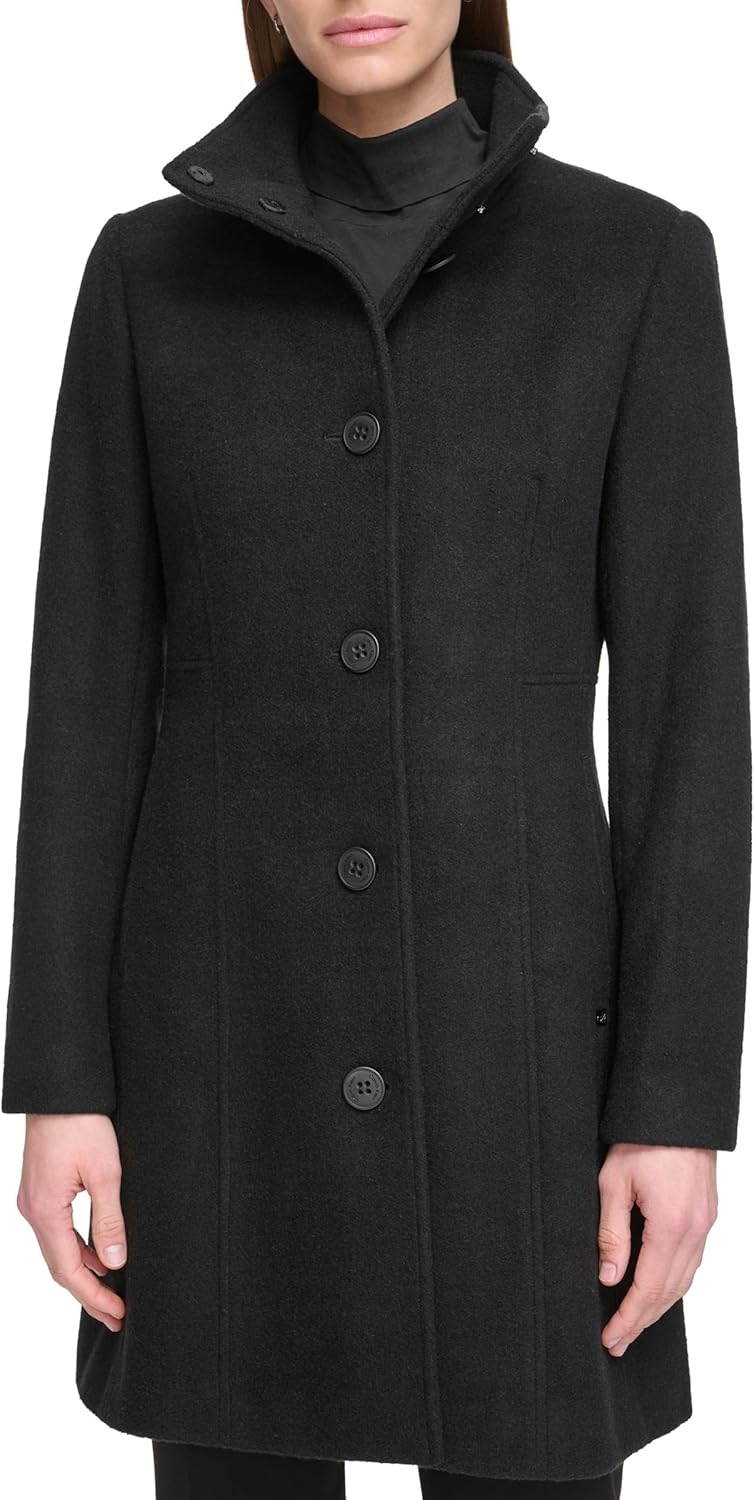 Calvin Klein Women's Faux Wool Coat – Long Button Front Dress Coat With Stand Collar