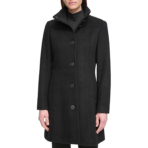 Calvin Klein womens Faux Wool Coat – Long Button Front Dress Coat With Stand Collar