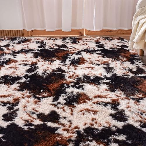 Meeting Story Cow Print Rug Faux Cowhide Rugs Cute Animal Print Carpet Fluffy Shaggy Tie Dye Fuzzy Area Rugs For Living Room Nursery Kids Floor Mat Thick Plush Non-Skid (Coffee-Black, 4 * 6 Feet) #TOP4