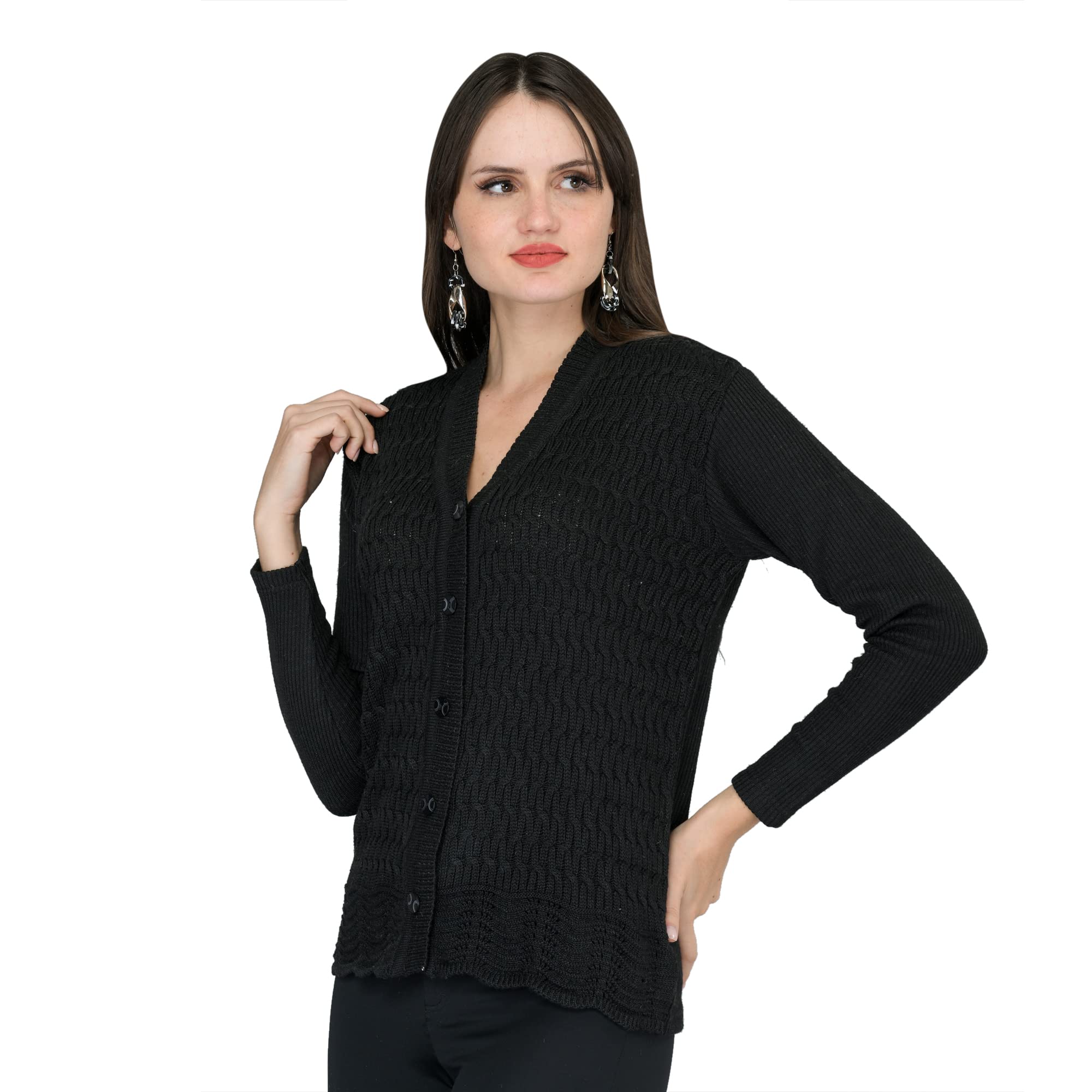 MONT CONNETTWomen Woolen V-Neck Self Design Cardigan Heavy Daffodil Fabric Cardigan Winter Wear Pure Wool Cardigan Sweater for Women Free Size Long Cotty Fully Warm Cardigans