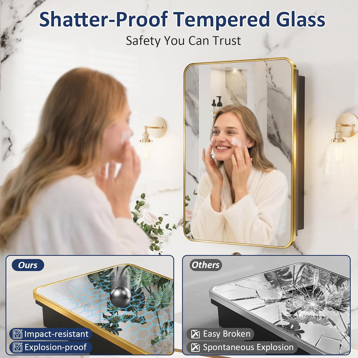Medicine Cabinet Mirror 20x26 Inch, Gold Bathroom Mirror Cabinet with Stepless Adjustable Shelves, Stainless Steel Frame, Bathroom Mirror with Storage Recessed or Wall Mount