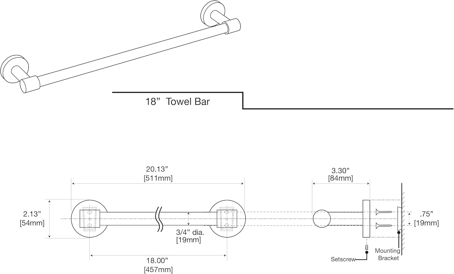 Gatco 4661 Reveal 18" Towel Bar, Chrome | Wall Mount Towel Holder for Bathroom, Total Length 20.13"