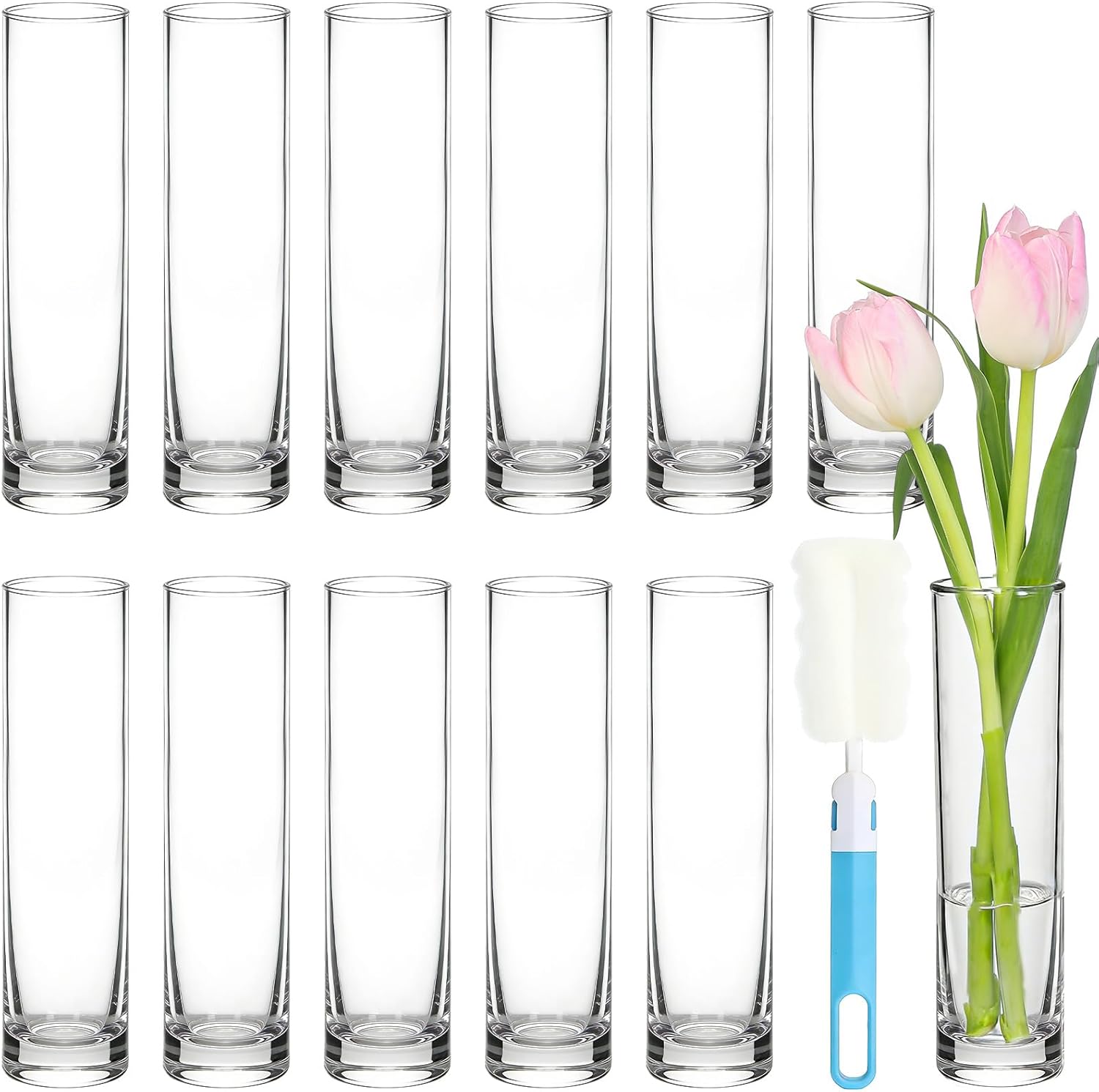 12pcs Glass Cylinder Bud Vases for Centerpieces, 7.5 Inch Clear Slim Flower Vases for Single Stems, Small Glass Vases in Bulk for Wedding Table Party Home Decor