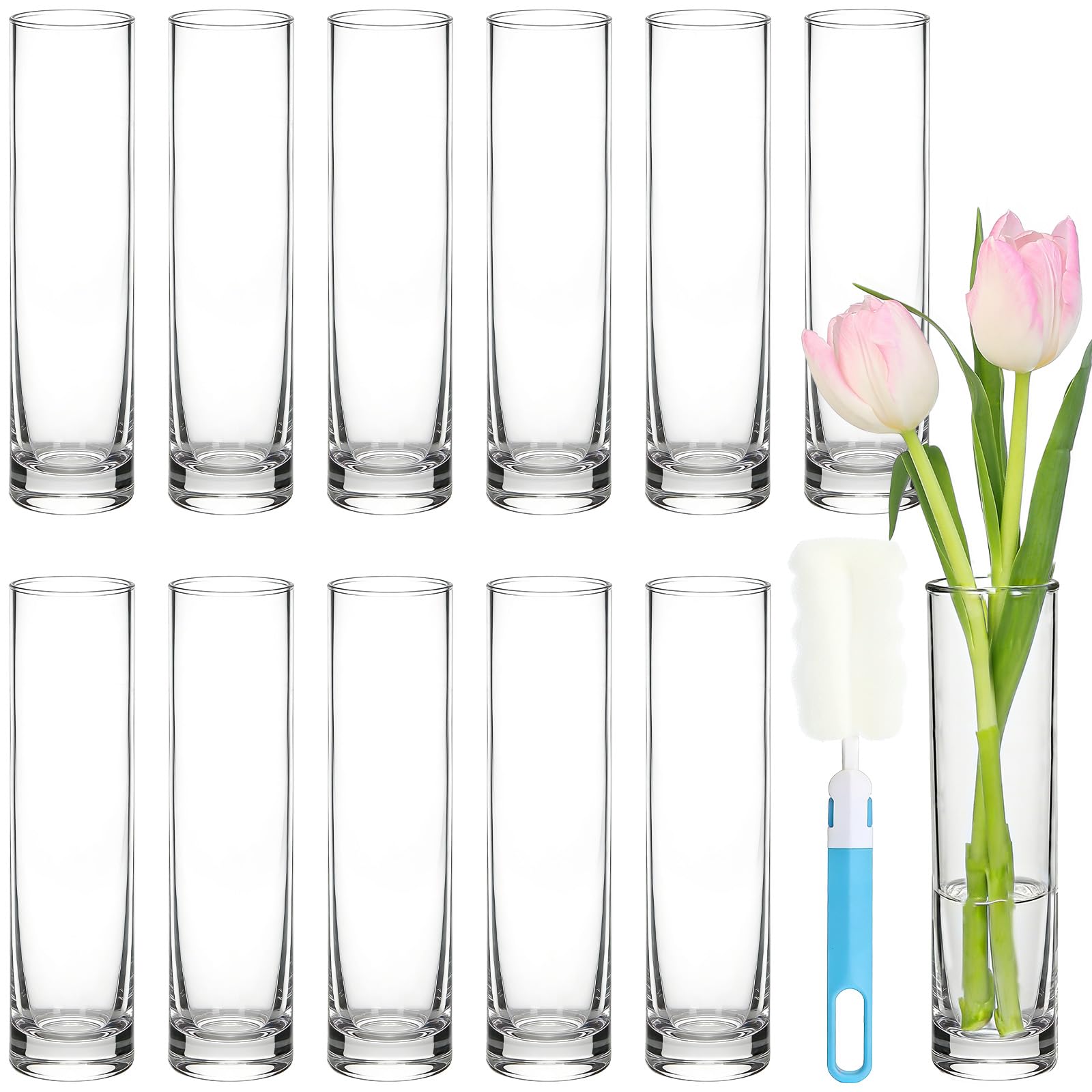TBWIND 12pcs Glass Cylinder Bud Vases for Centerpieces, 7.5 Inch Clear Slim Flower Vases for Single Stems, Small Glass Vases in Bulk for Wedding Table Party Home Decor